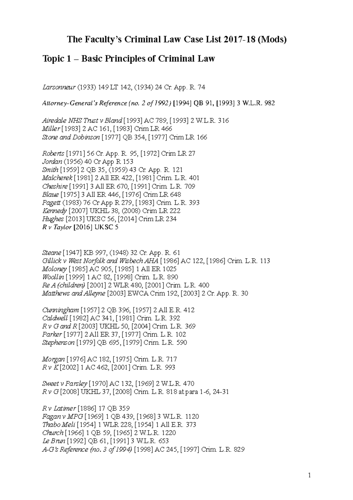 Criminal Law Case List Mods 2017 18 The Faculty s Criminal Law Case