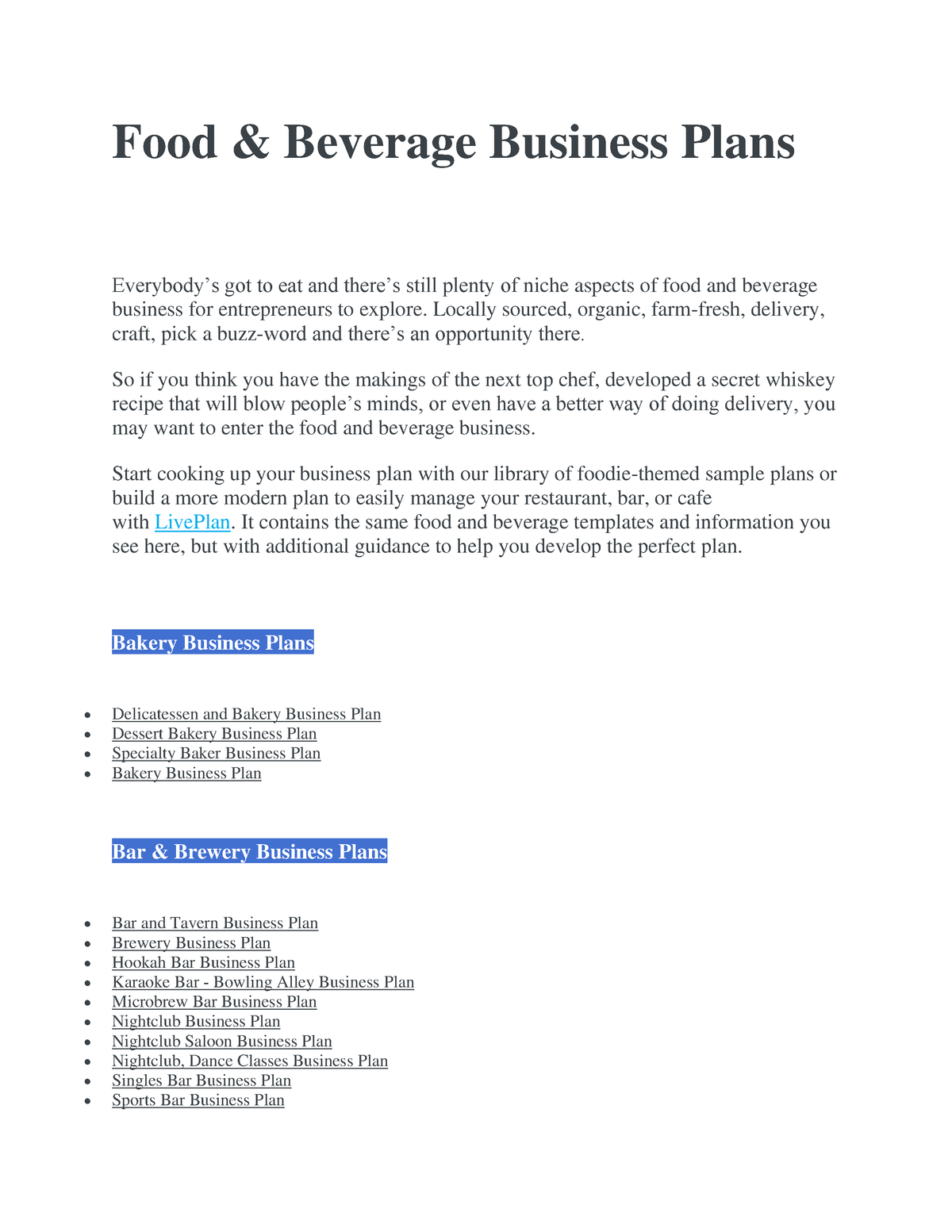 business plan in food and beverage