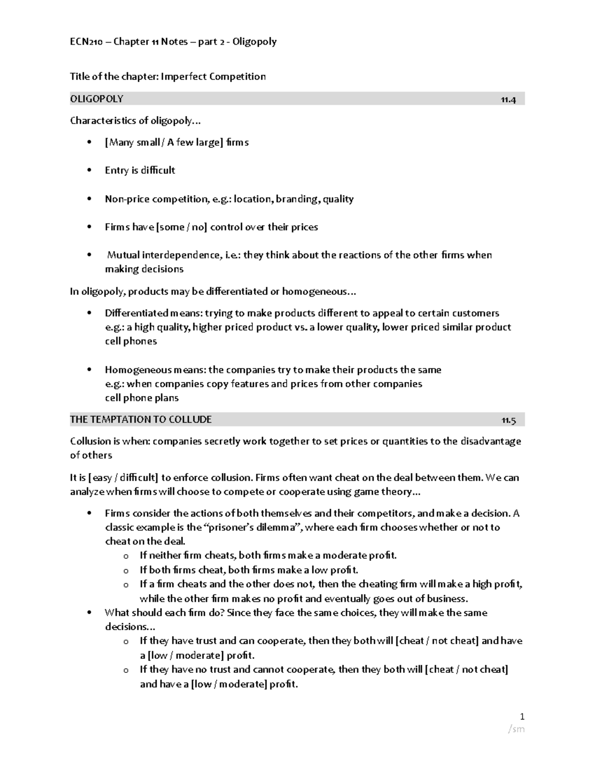 ECN210 Ch11 Student Notes Guide - part 2 Oligopoly Competition - Filled ...