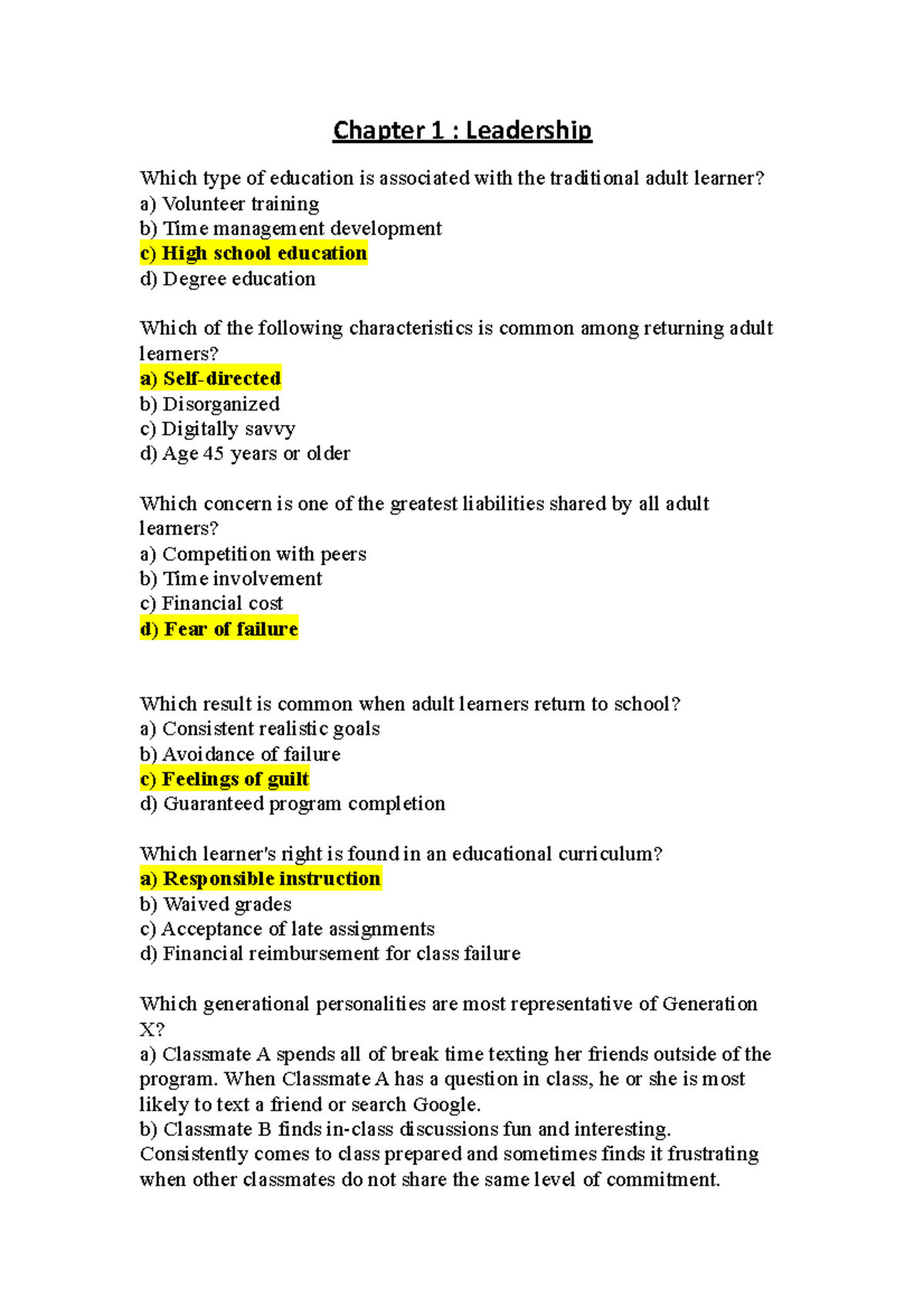 Leadership Quiz 1 Chapters 1-4 - Chapter 1 : Leadership Which Type Of ...