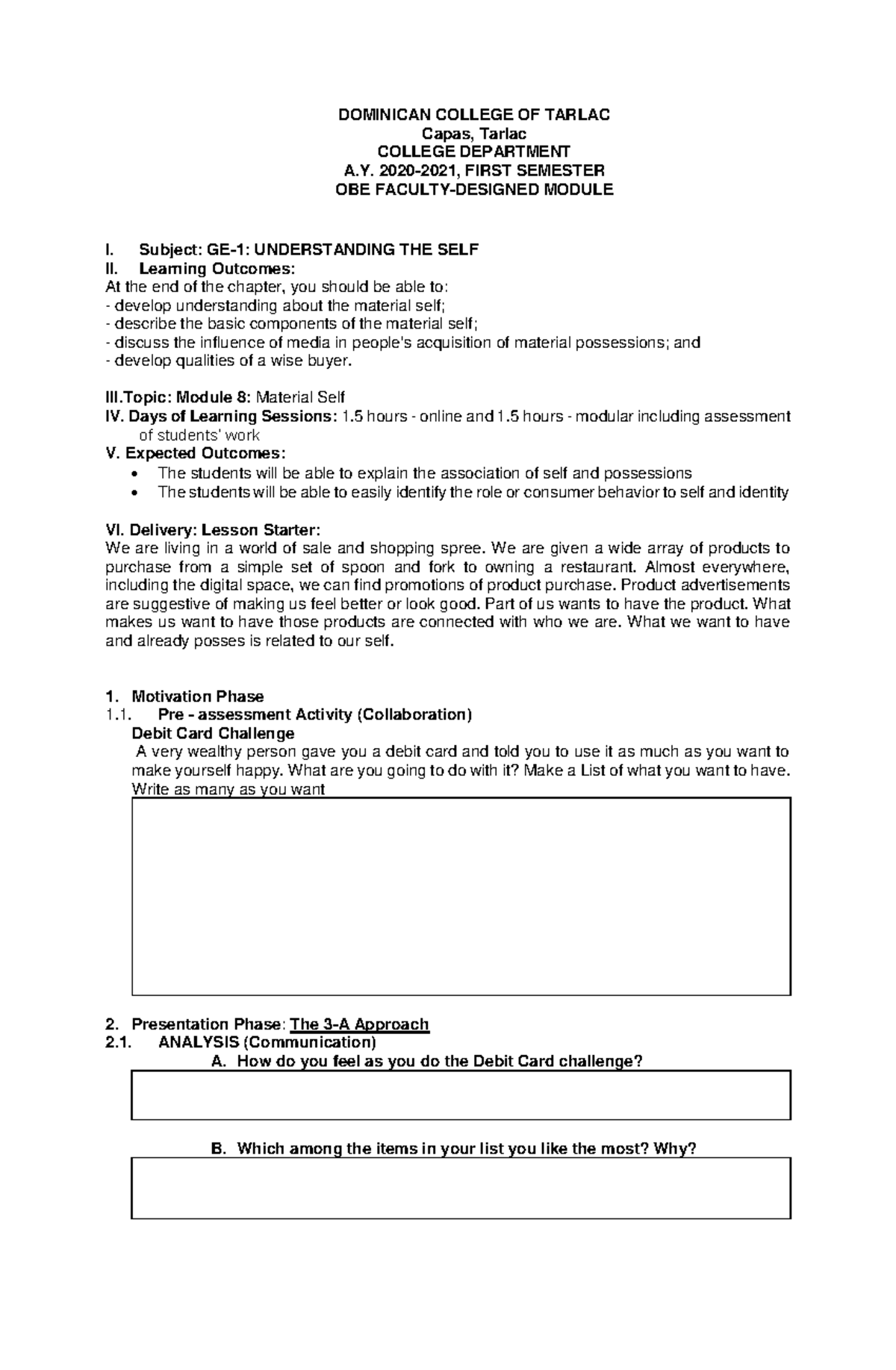 Module-8- Material SELF - DOMINICAN COLLEGE OF TARLAC Capas, Tarlac ...