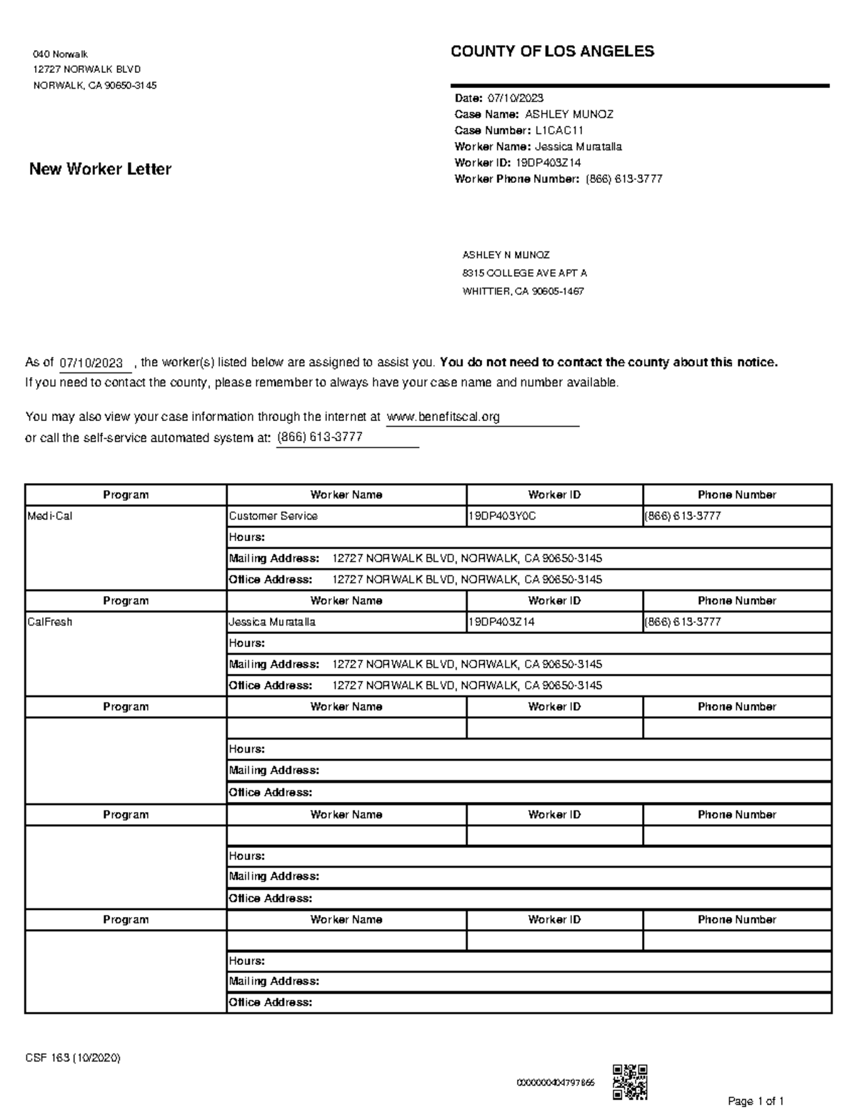 New Worker Letter - CSF 163 (10/2020) Page 1 of 1 040 Norwalk 12727 ...
