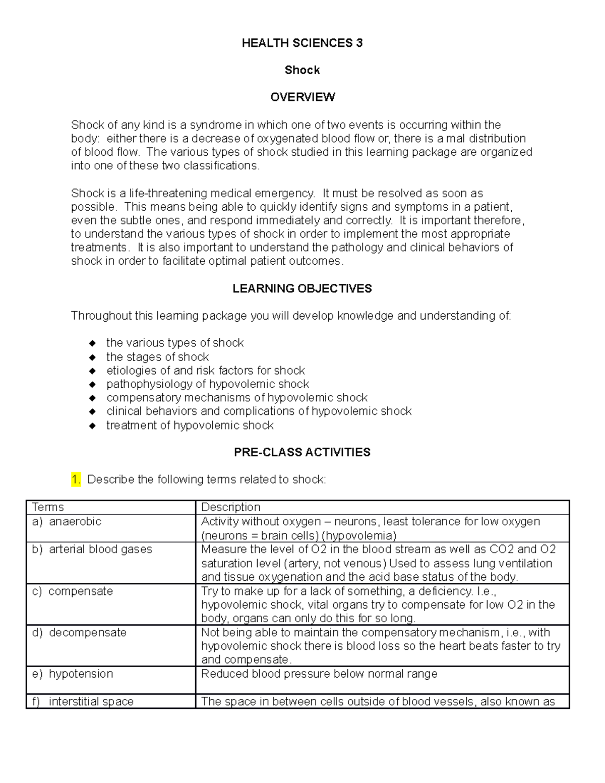 Shock learning package - Shock OVERVIEW Shock of any kind is a syndrome ...