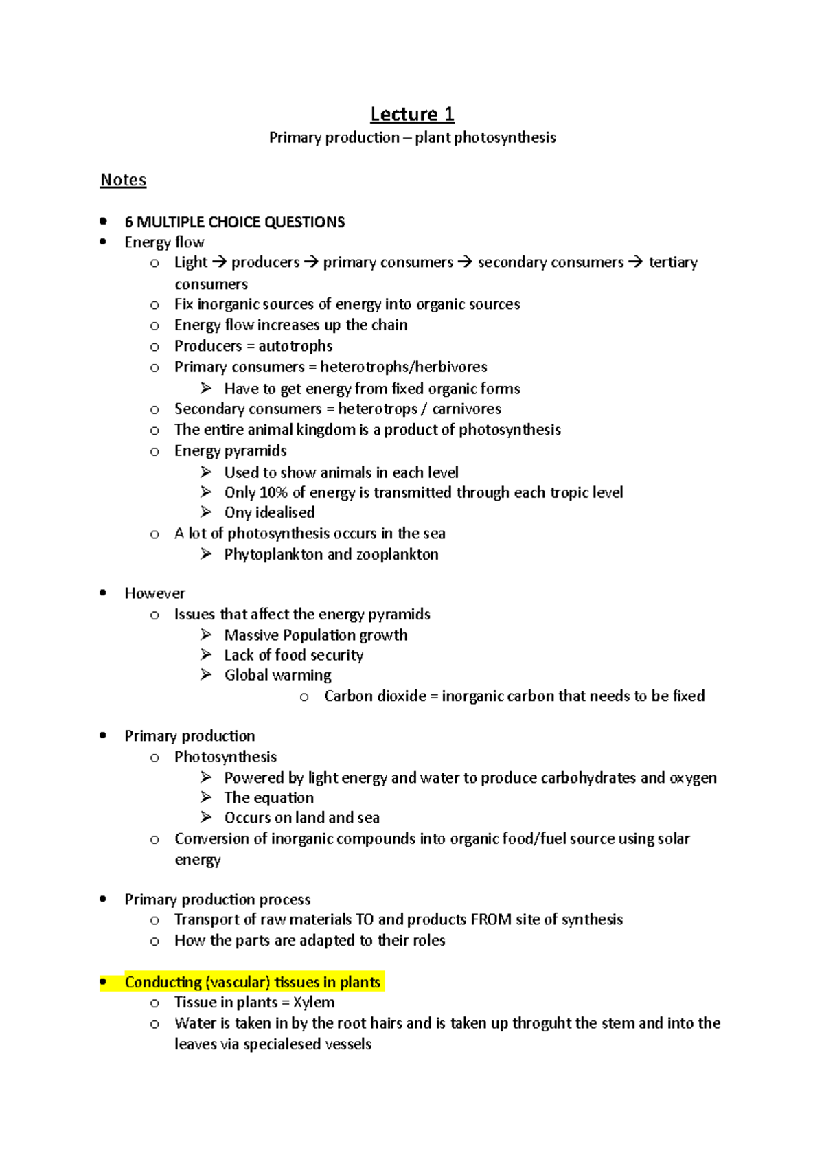 Plant production 1 - Notes - Lecture 1 Primary production – plant ...