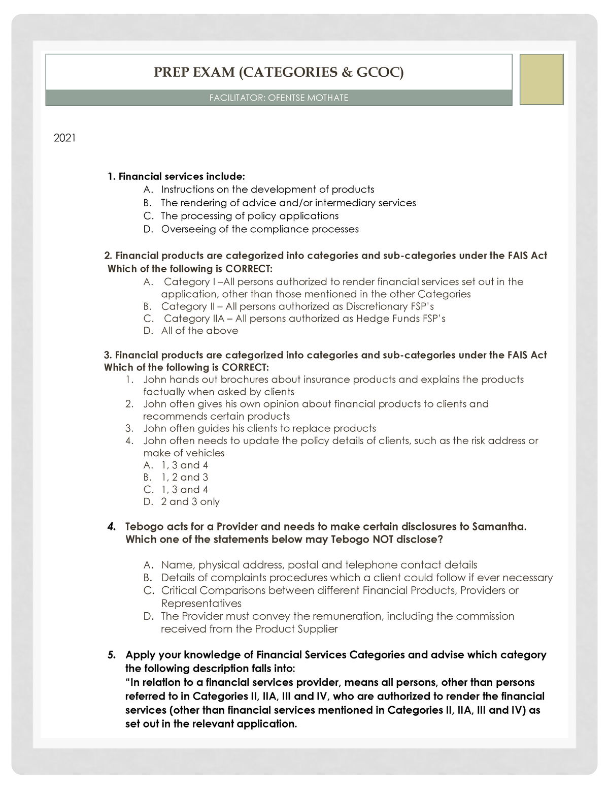GCOC Updated exam 2021 Regulatory examination (RE5) for
