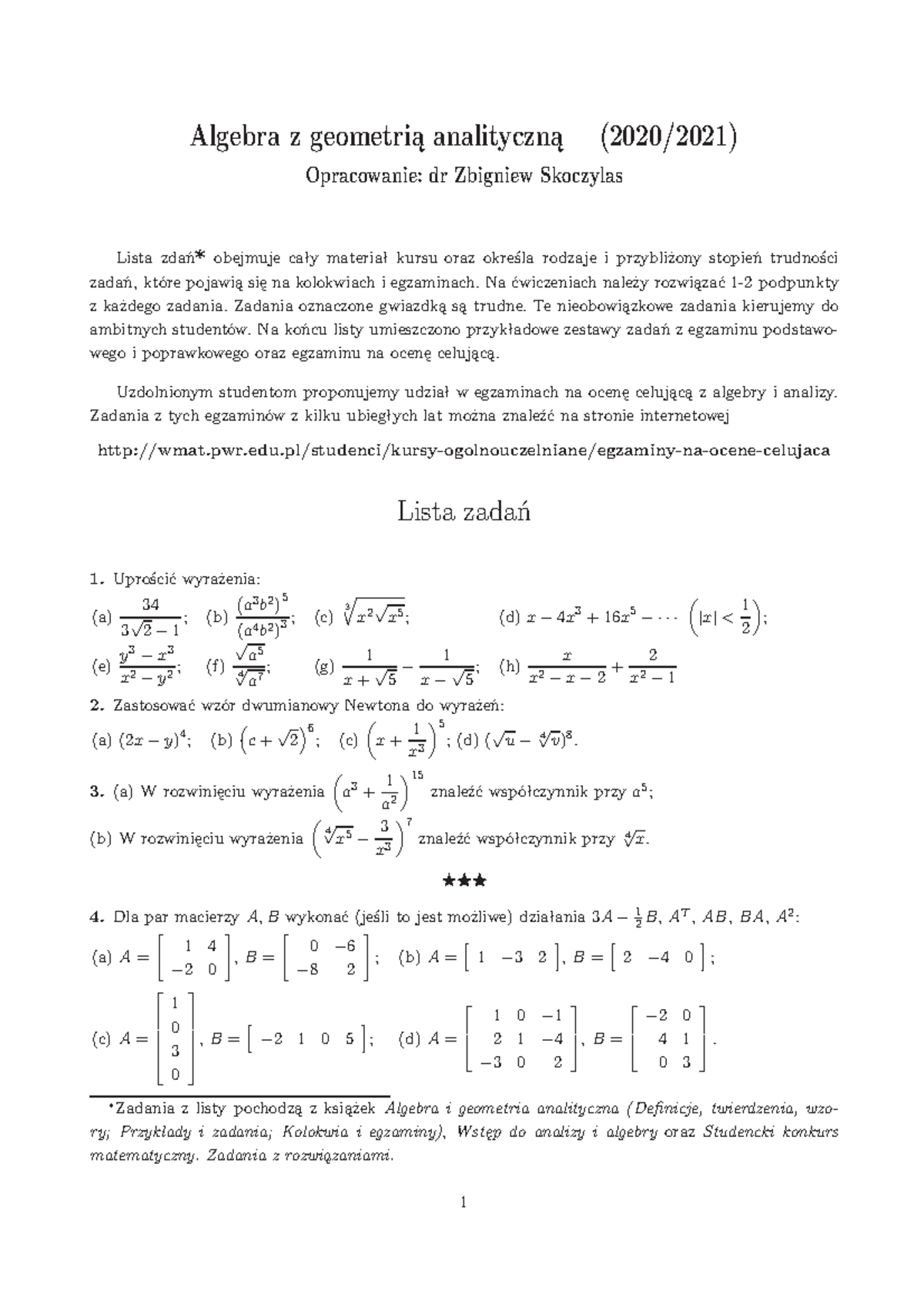 Lista zadan - Algebra z geometrią analityczną (2020/2021) Opracowanie ...