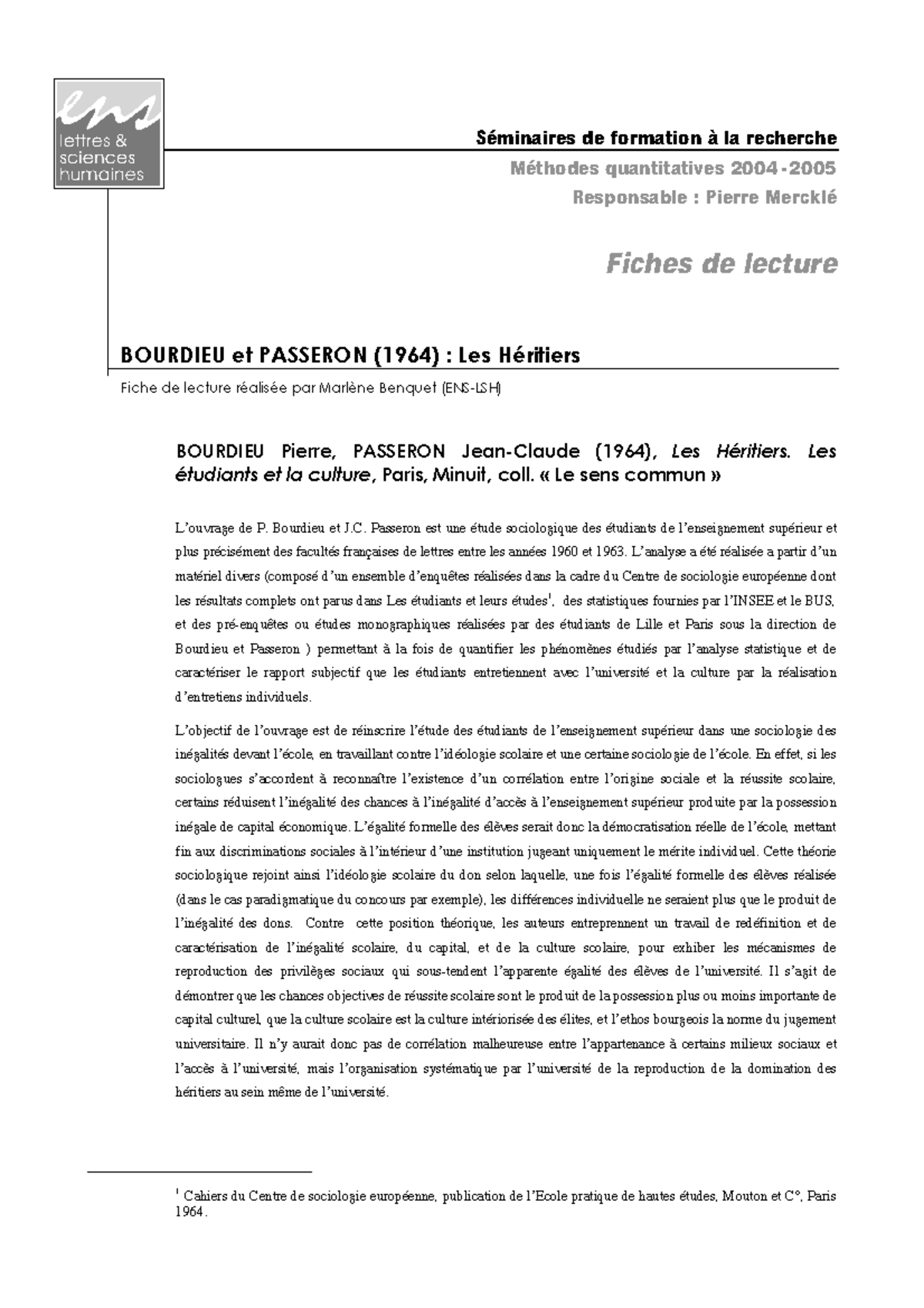 Methodes Fiches Bourdieu Passeron 1964 Benquet-1 - Séminaires De Format ...