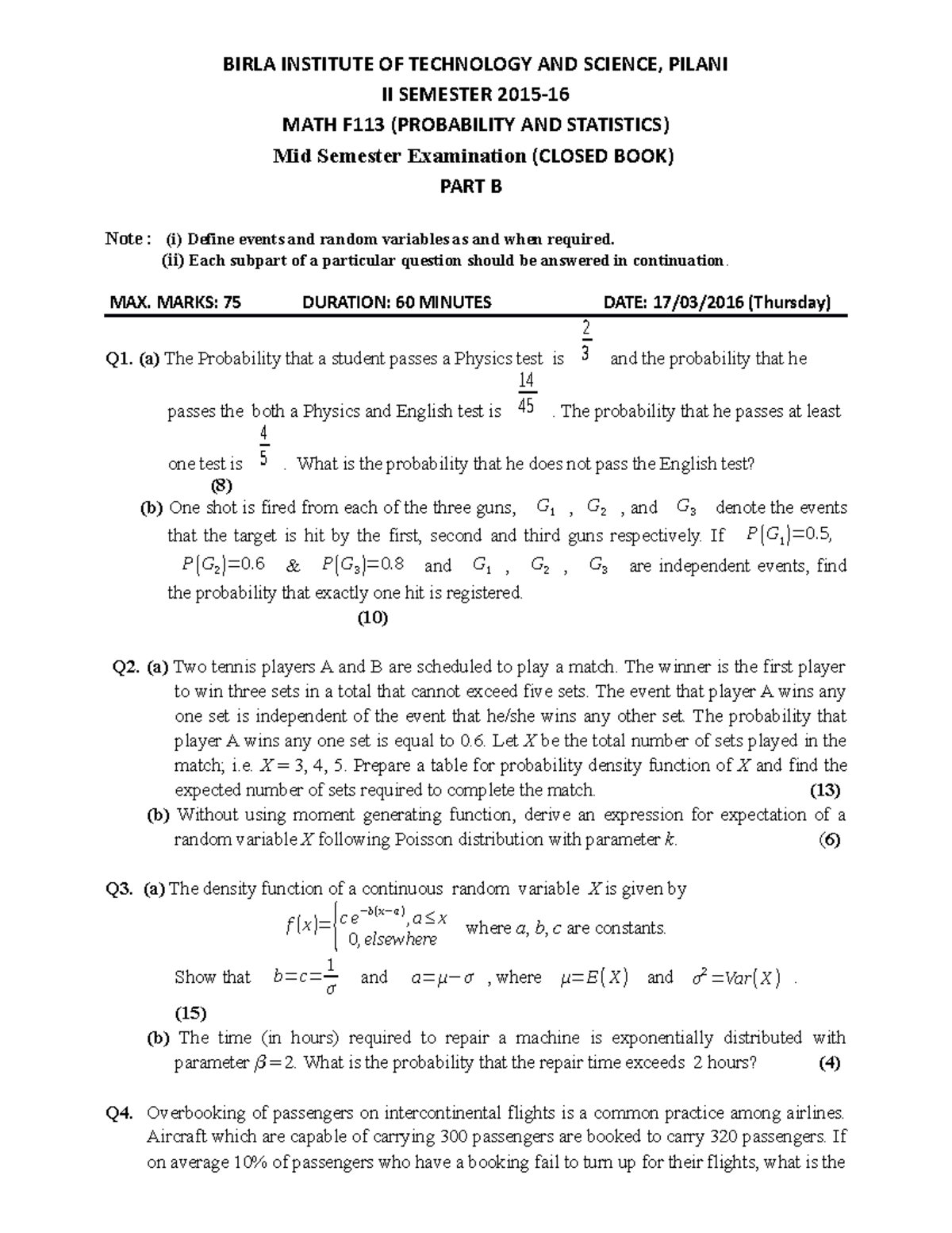 MATH F113 1012 T1 2015 2 - Probability & Statistics - BITS Pilani - Studocu