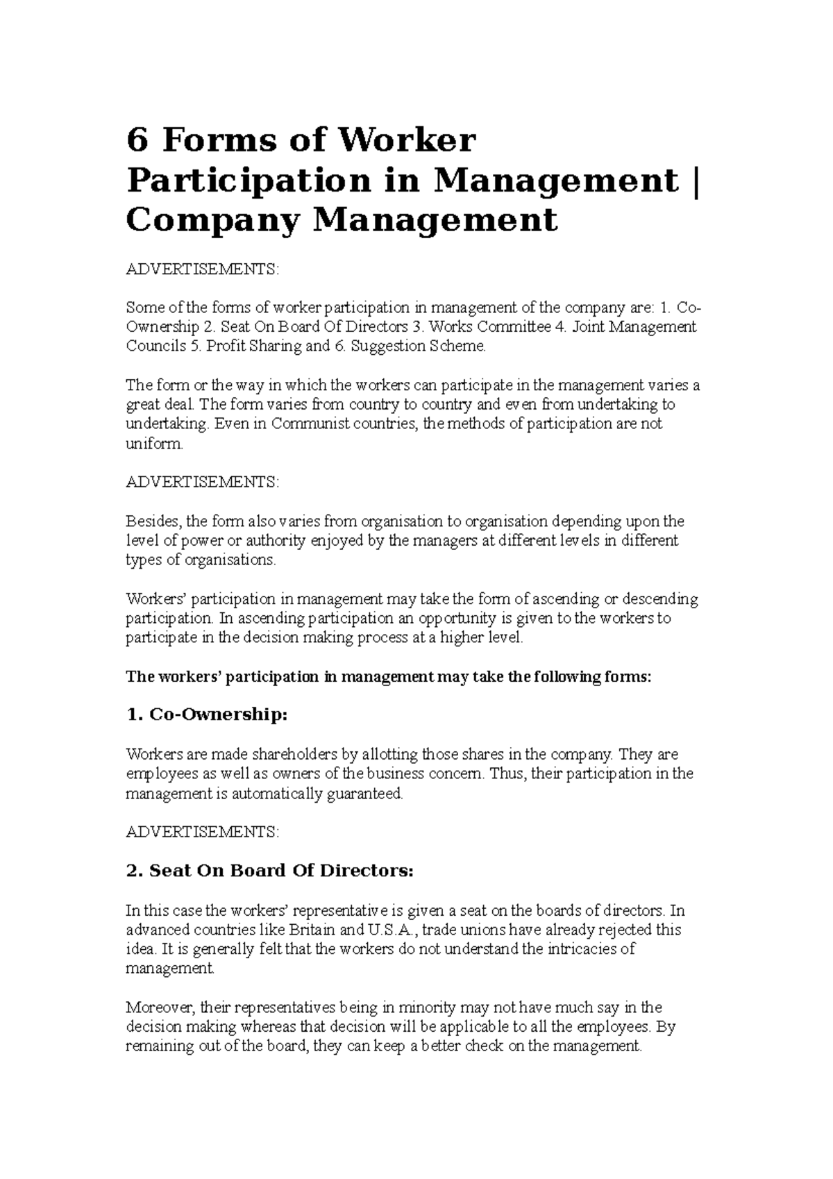 6 Forms of Worker Participation in Management - Co- Ownership 2. Seat ...