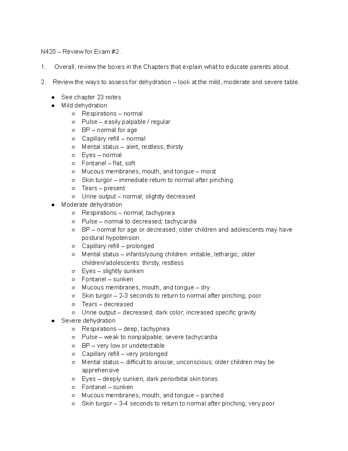 Peds Exam 2 Review Sheet - N420 – Review for Exam #. Overall, review ...