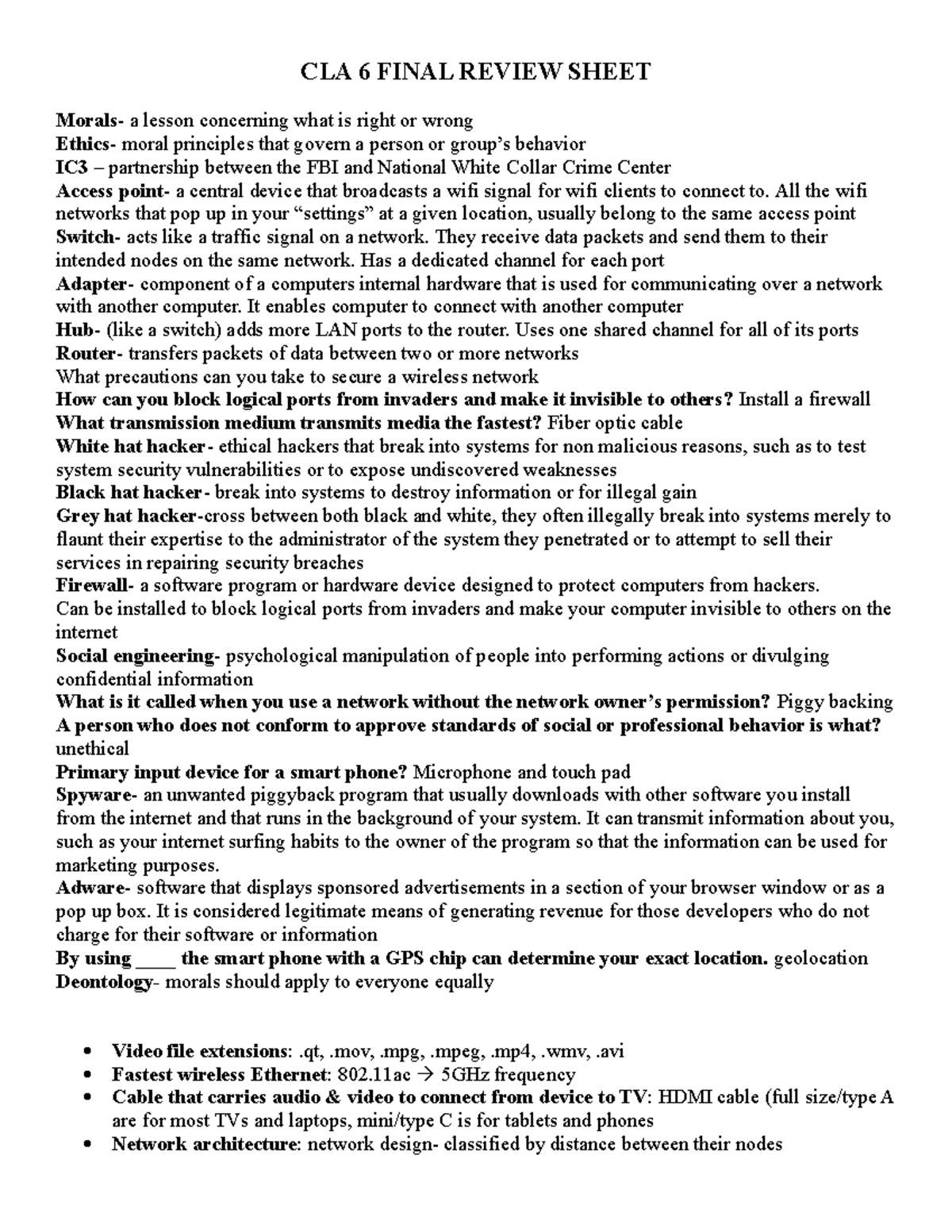 CLA Final Review Sheet CLA 6 FINAL REVIEW SHEET Morals a lesson