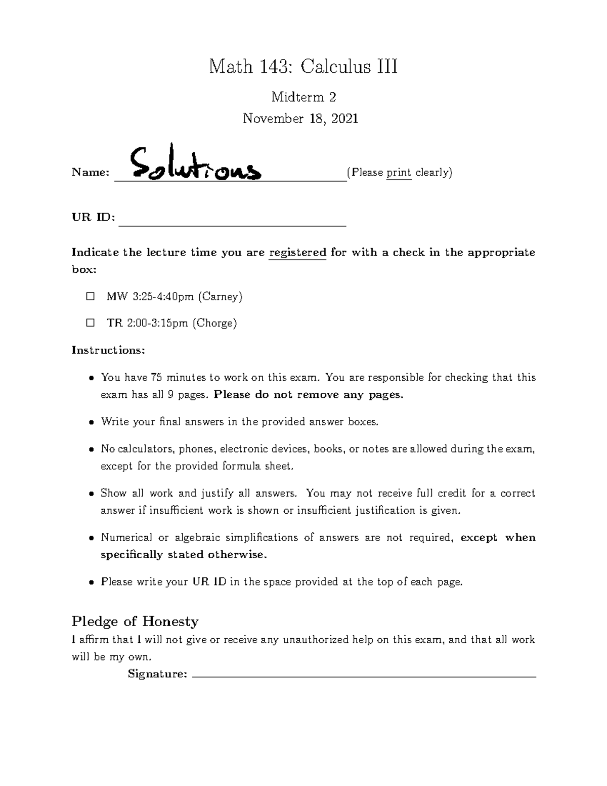 F21M2 - Math 143: Calculus III Midterm 2 November 18, 2021 Name ...