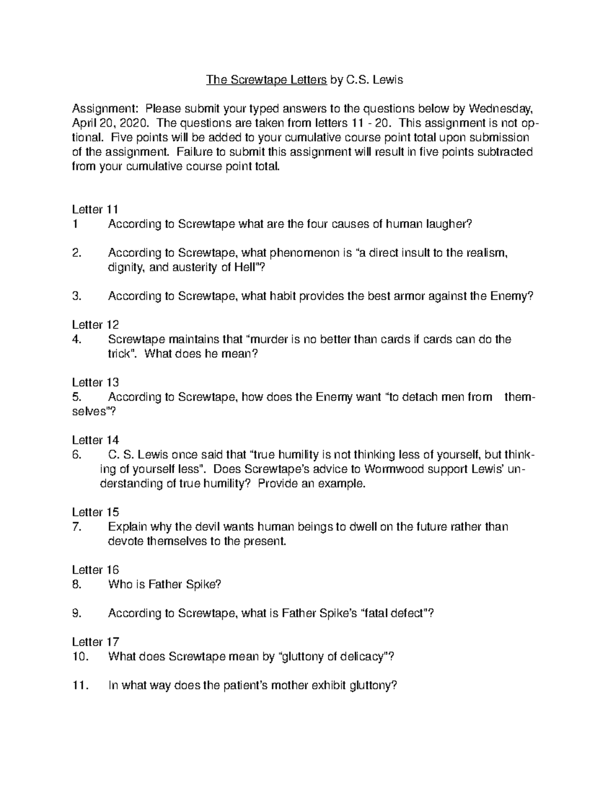 Assignment Screwtape Letters 11 20 The Screwtape Letters by C