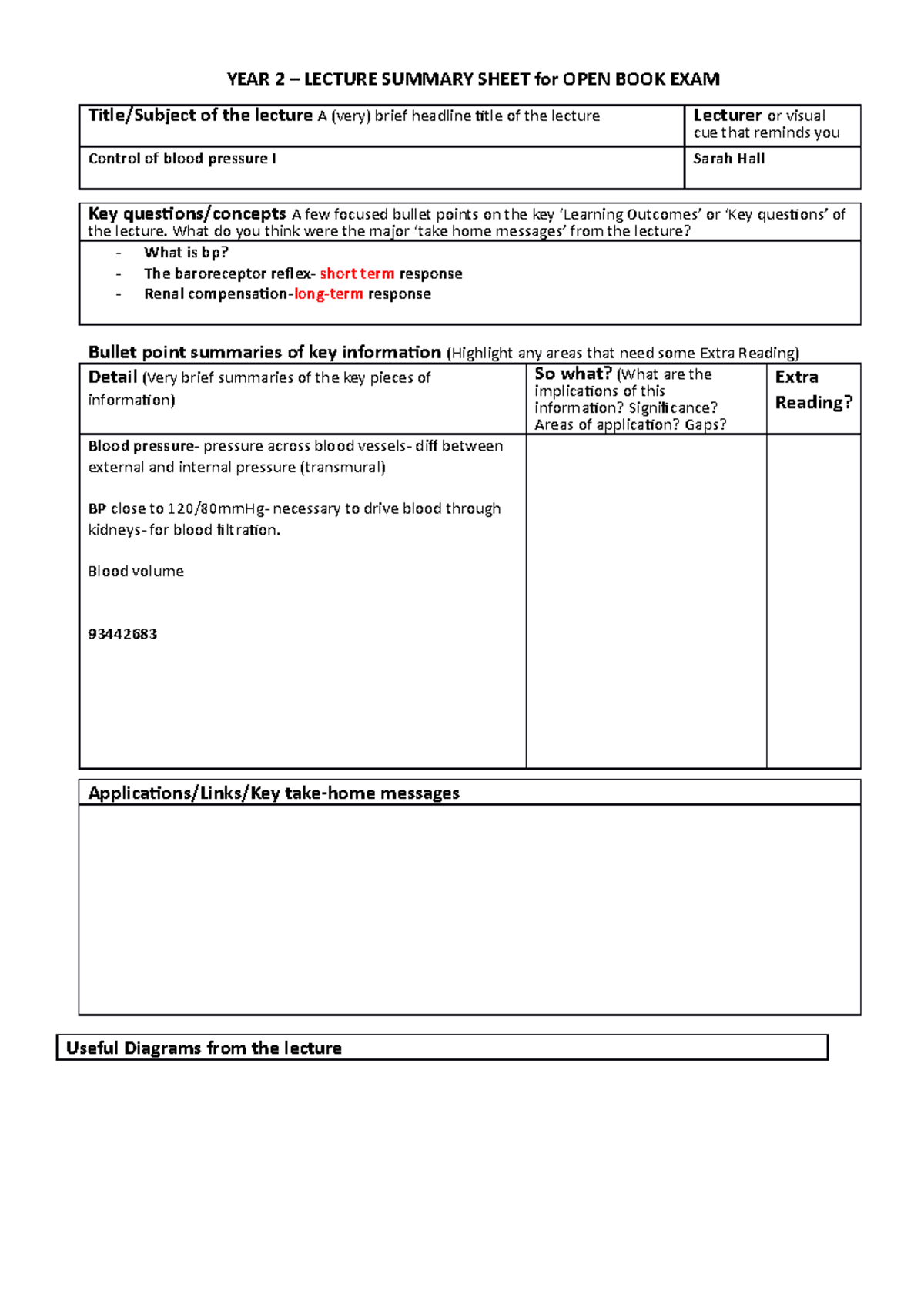 Control of blood pressure I summary - YEAR 2 – LECTURE SUMMARY SHEET ...