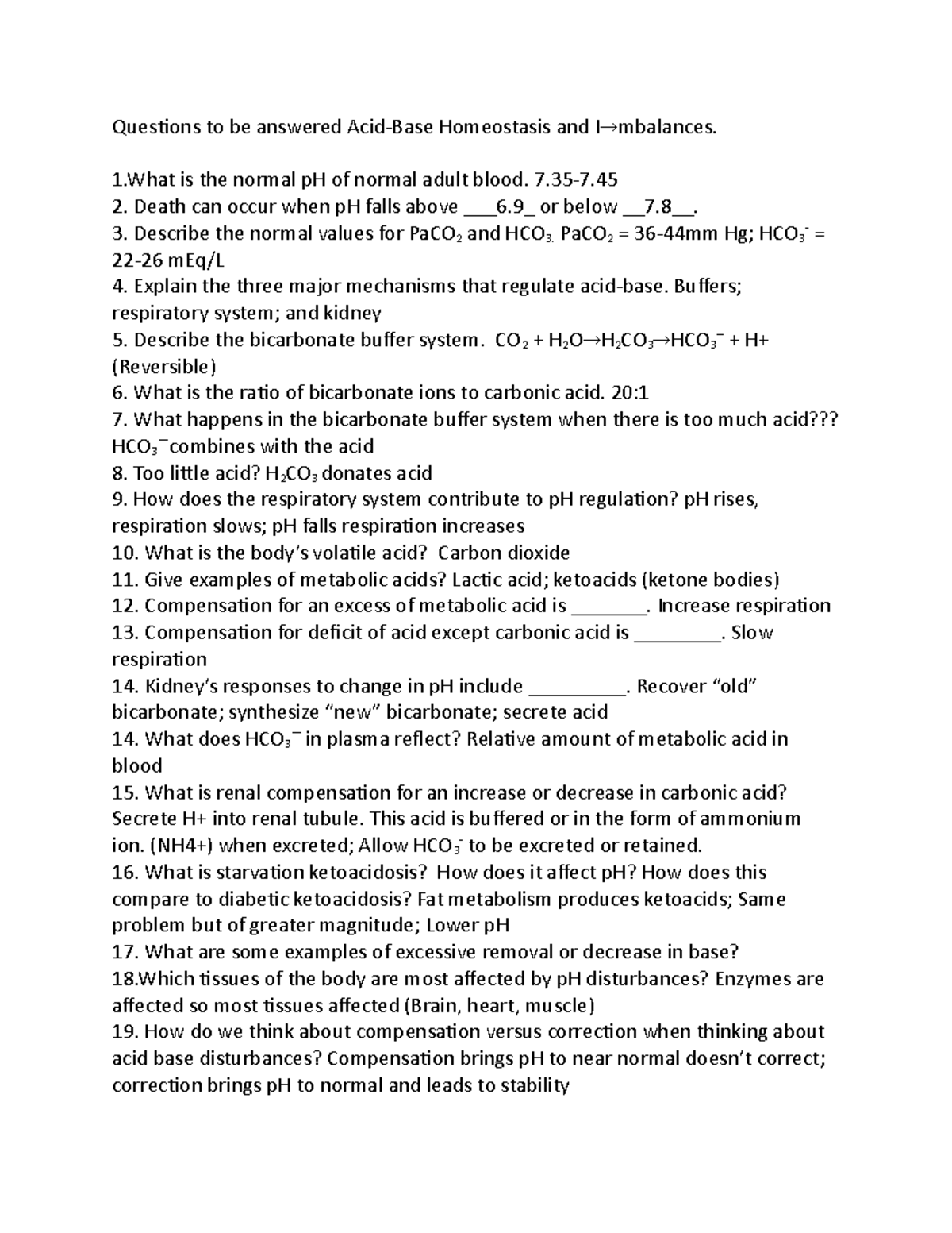 Questions and Answers for Acid-Base Regulation - Questions to be ...