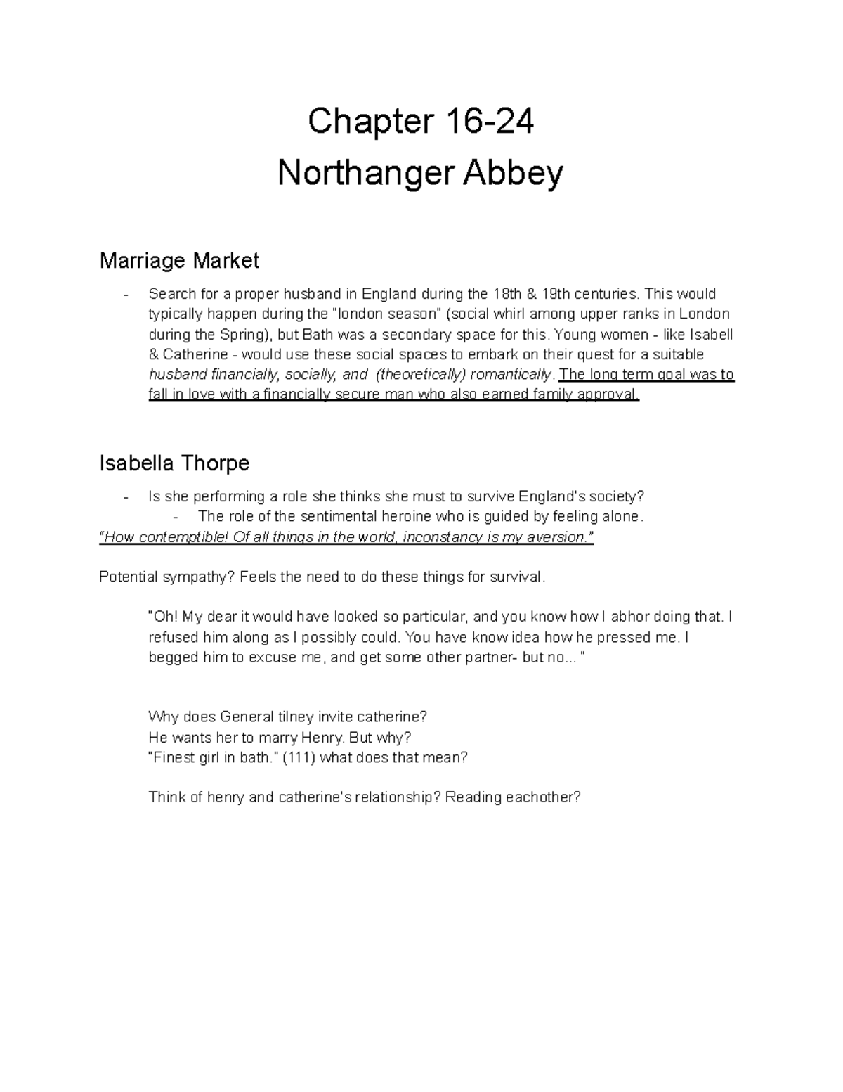 Brit Lit Notes Follows Northanger Abbey summary of chapters