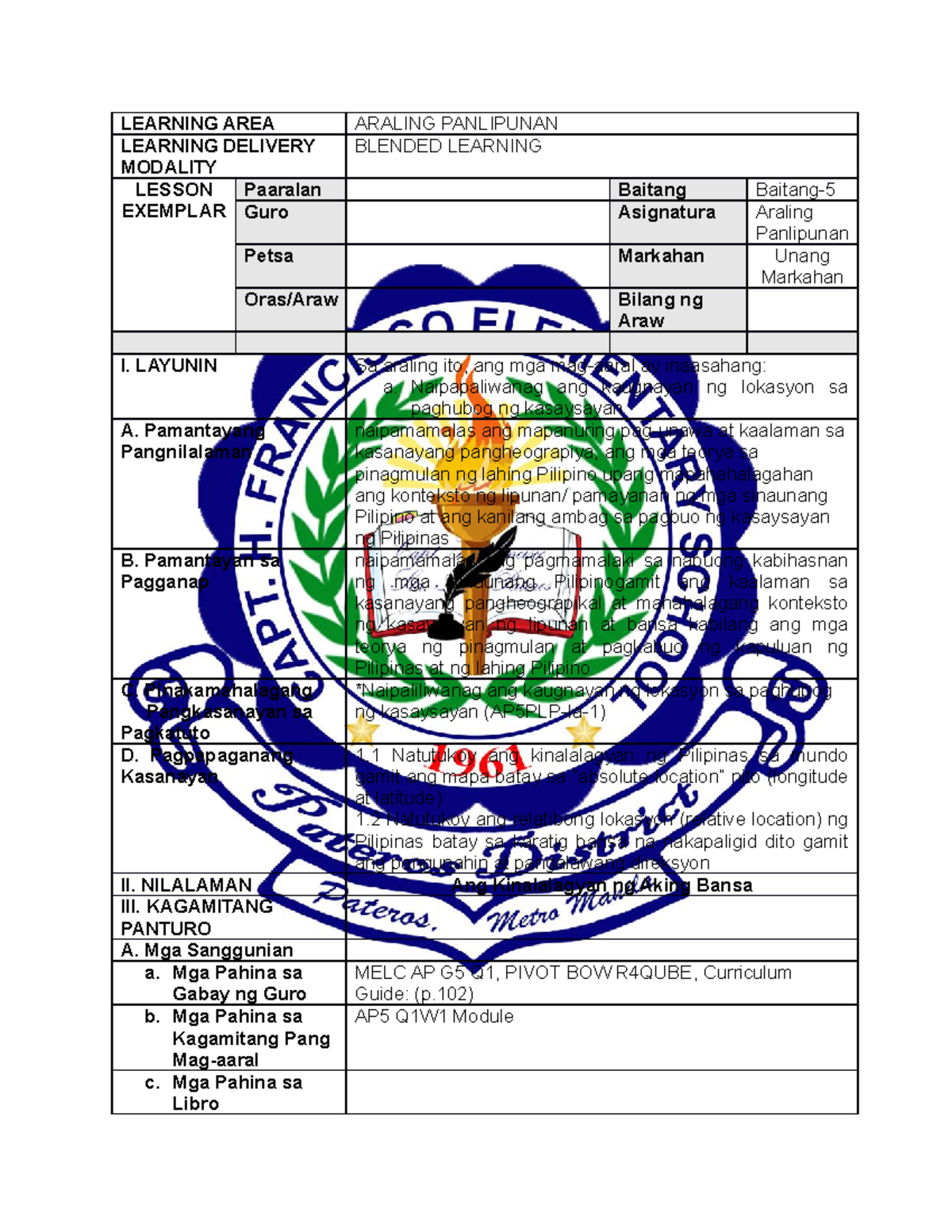 AP I.E Q1W2M1 - Lesson Exemplar - LEARNING AREA ARALING PANLIPUNAN ...