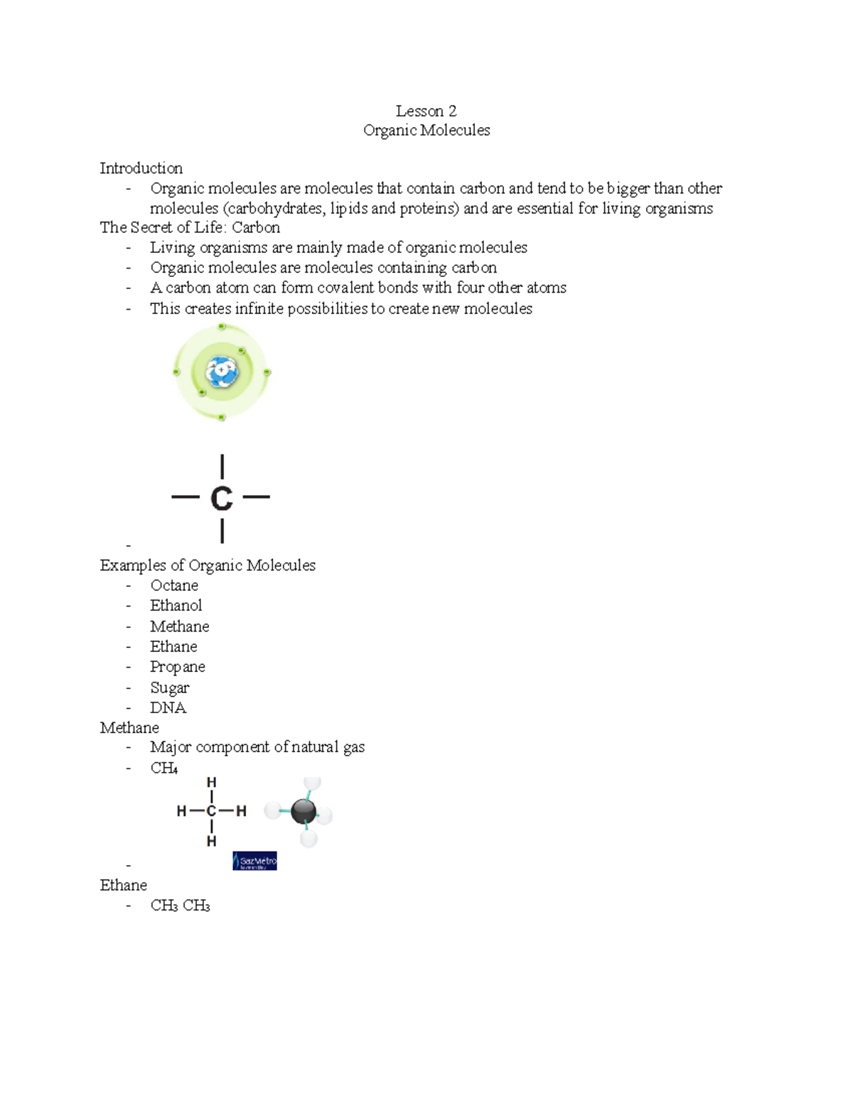 Lesson 2 - Lecture notes 2 - Lesson 2 Organic Molecules Introduction ...