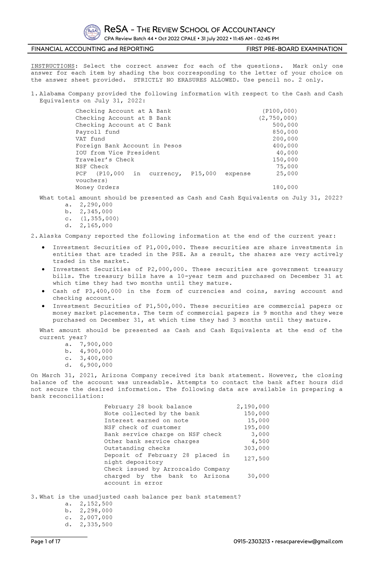 Re SA B44 FAR First PB Exam Questions Answers Solutions - ReSA - THE ...