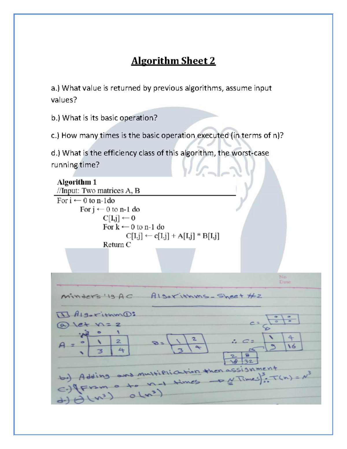 Algorithm Sheet 2 - ) What value is returned by previous algorithms ...