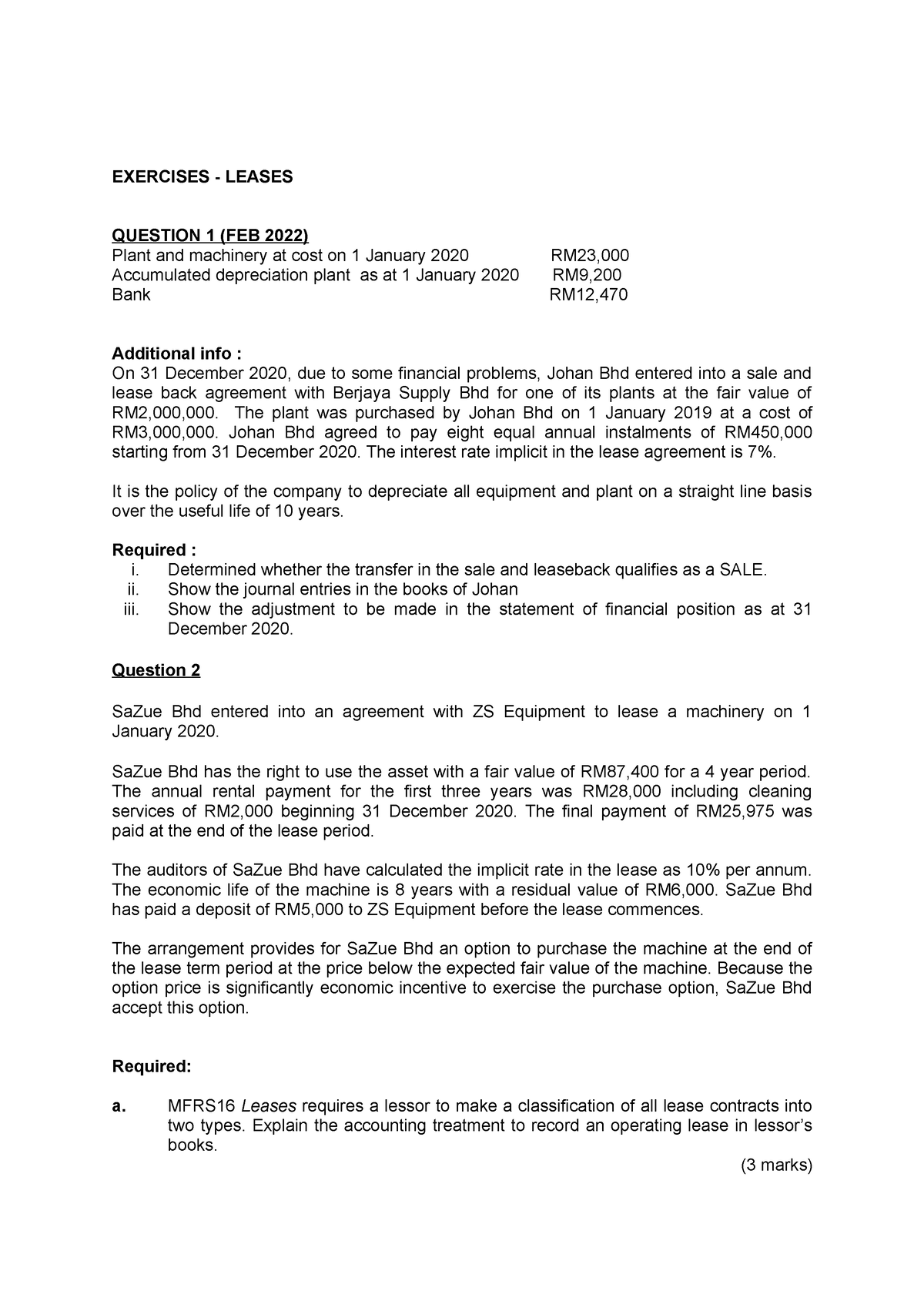 Exercise Leases - EXERCISES - LEASES QUESTION 1 (FEB 2022) Plant and ...