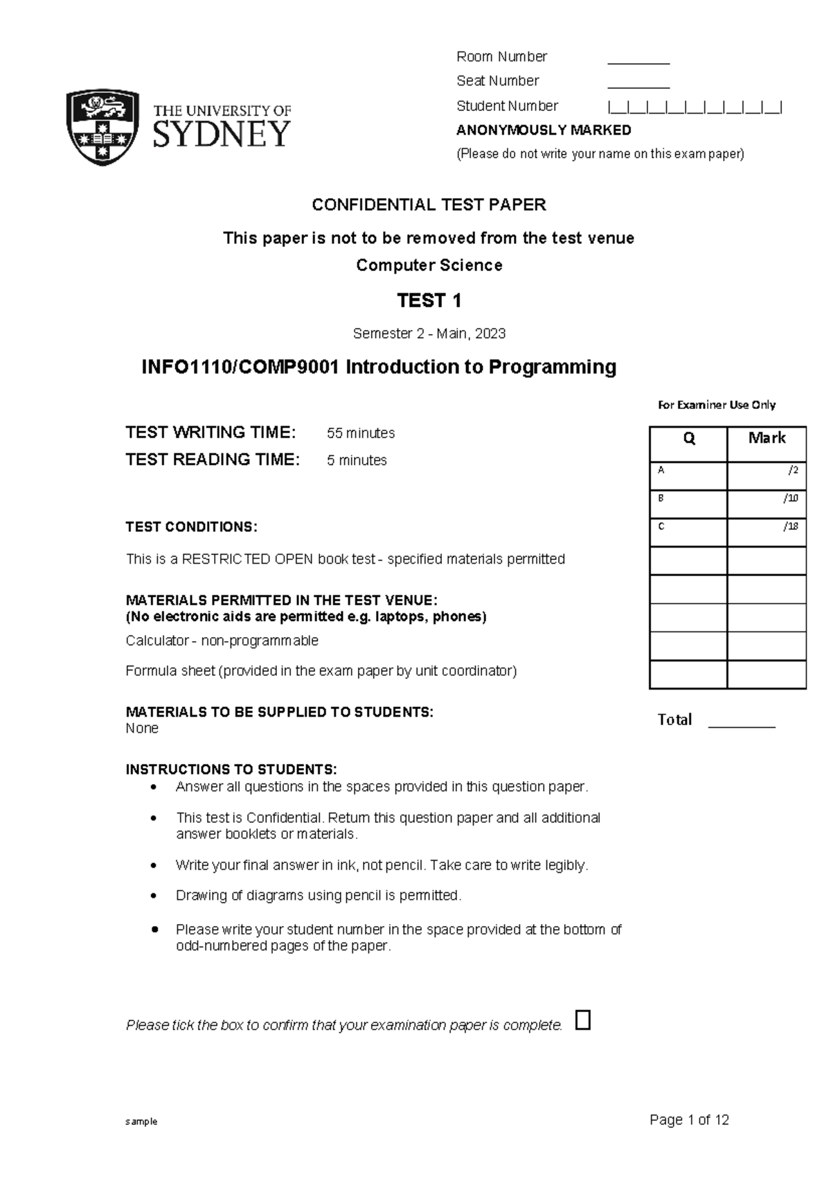 Test 1 - sample-5 - CONFIDENTIAL TEST PAPER This paper is not to be ...