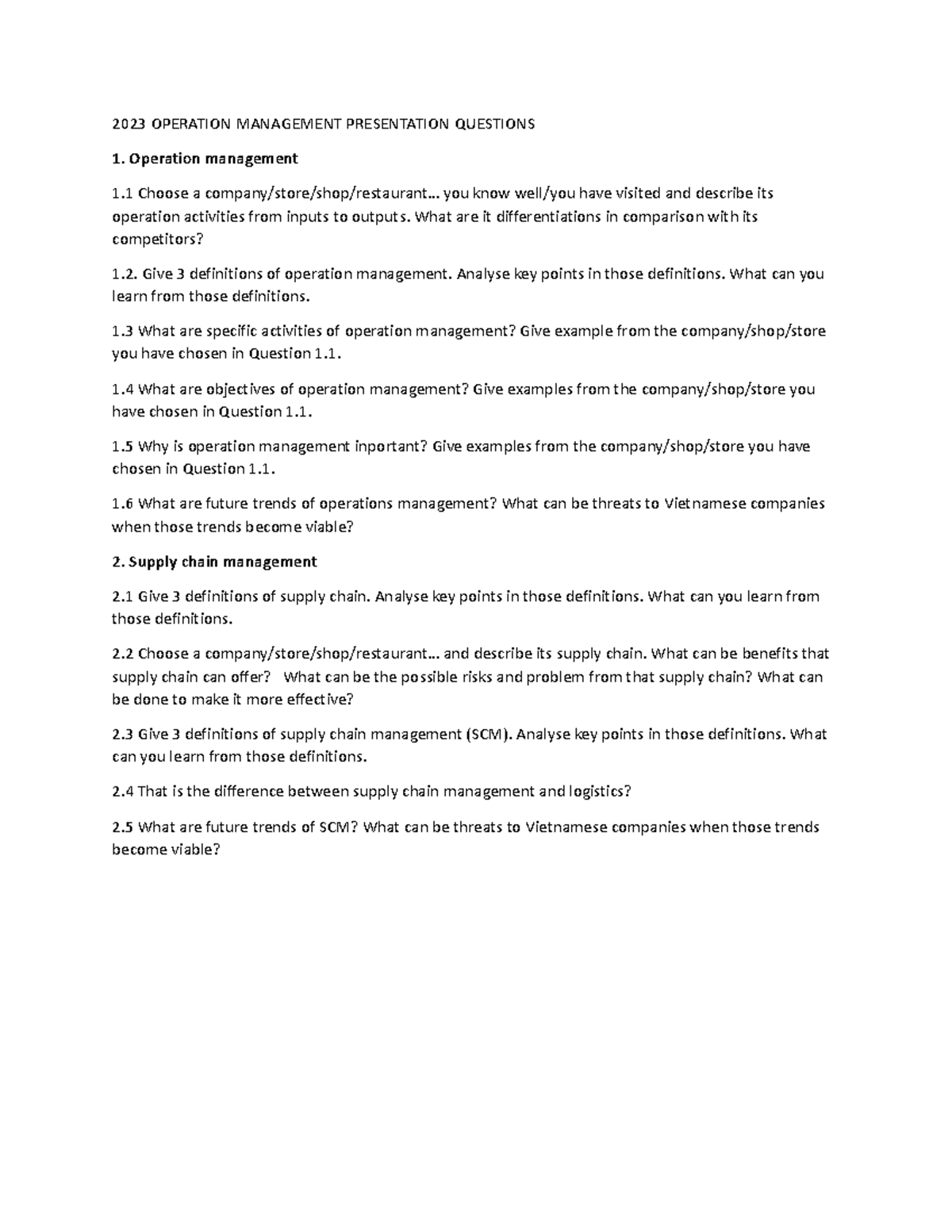 2023 Operation Management Presentation Questions - 2023 OPERATION ...