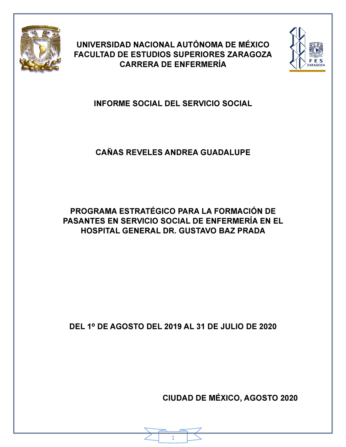 Informe SS - Andrea Cañas -04-06-20 - UNIVERSIDAD NACIONAL AUTÓNOMA DE  MÉXICO FACULTAD DE ESTUDIOS - Studocu