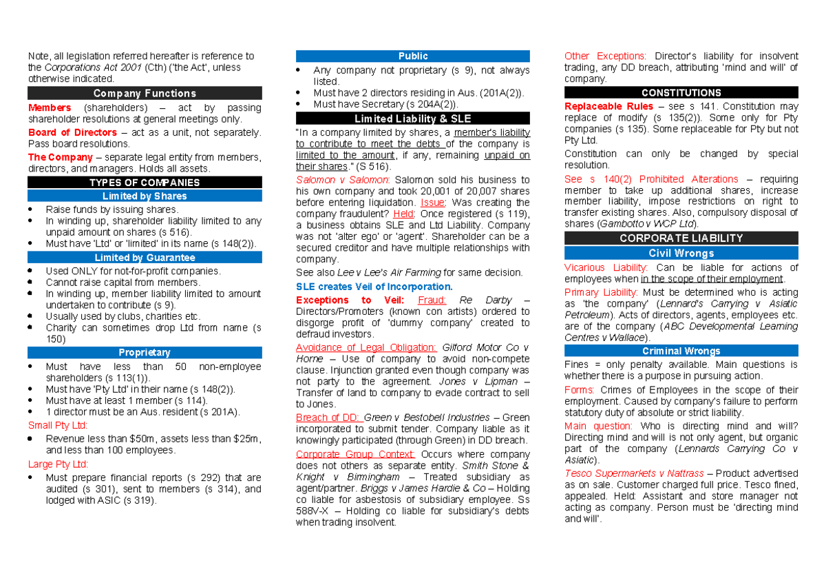Corporate Law Template - Note, all legislation referred hereafter is ...