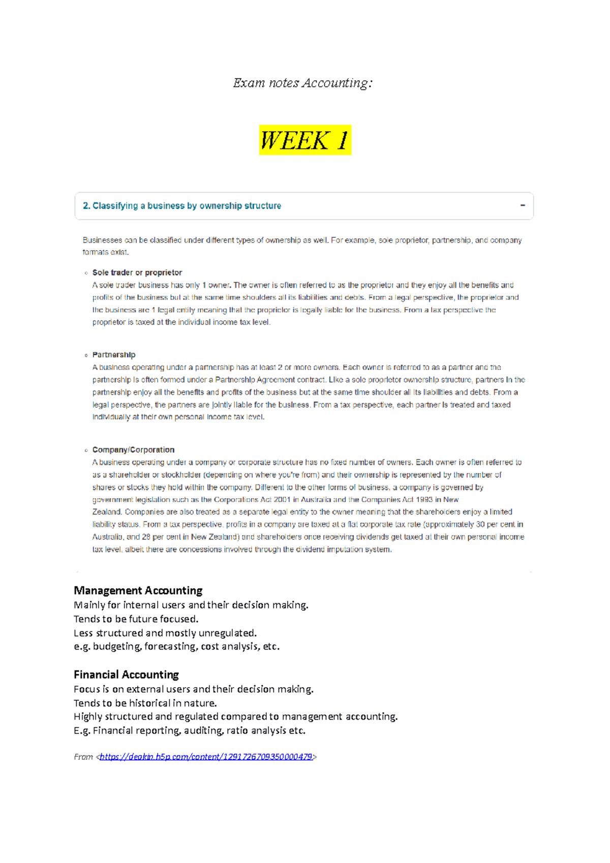 Exam notes Accounting - Exam notes Accounting: WEEK 1 Management ...