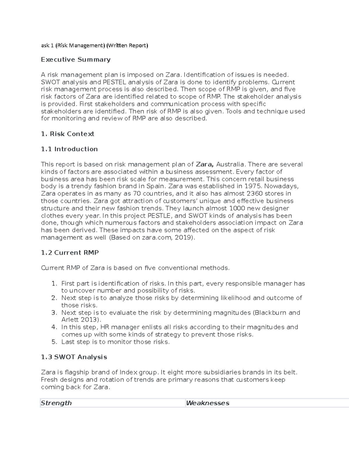 Risk assessment - ask 1 (Risk Management) (Written Report) Executive ...