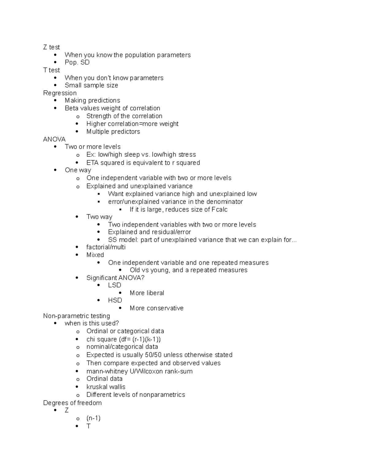 Adv stats final review from TA - Z test When you know the population ...