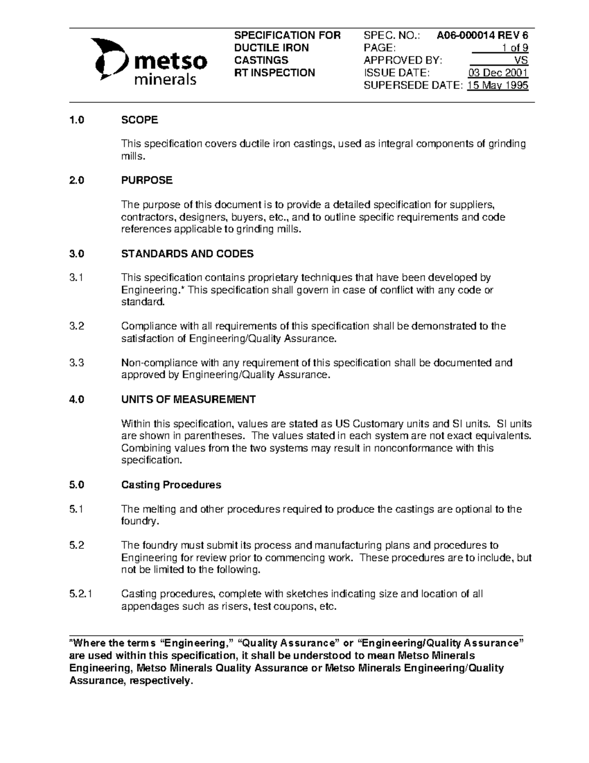 Especificacion metso - SPECIFICATION FOR SPEC. NO.: A06-000014 REV 6 ...