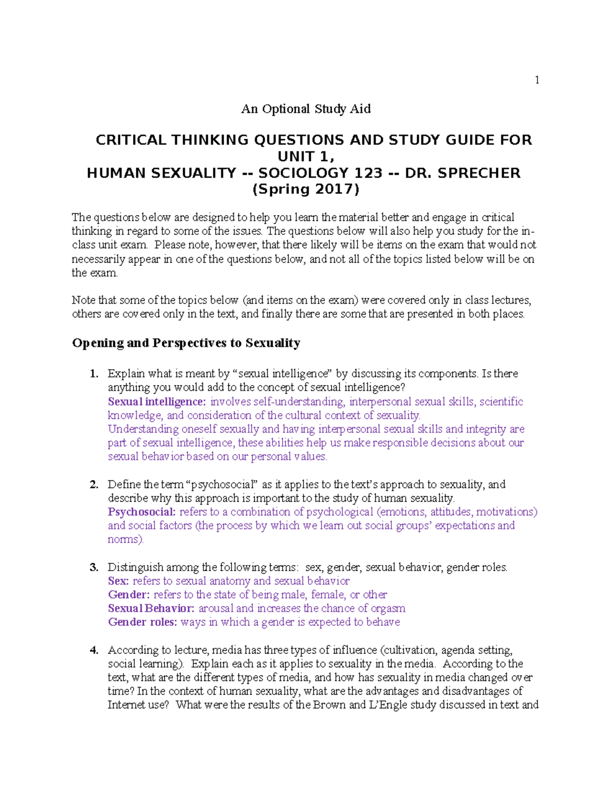 Gender Ion Porn - Exam 1 Study Guide - PSY 123 Human Sexuality - ISU - StuDocu