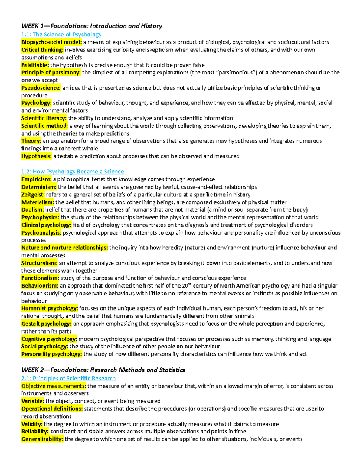 FALL 2018 PSYC KEY Terms - WEEK 1—Foundations: Introduction and History ...
