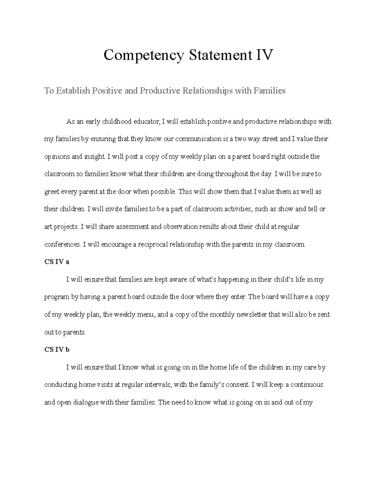 Compentcy IV Families Competency Statement IV To Establish Positive 