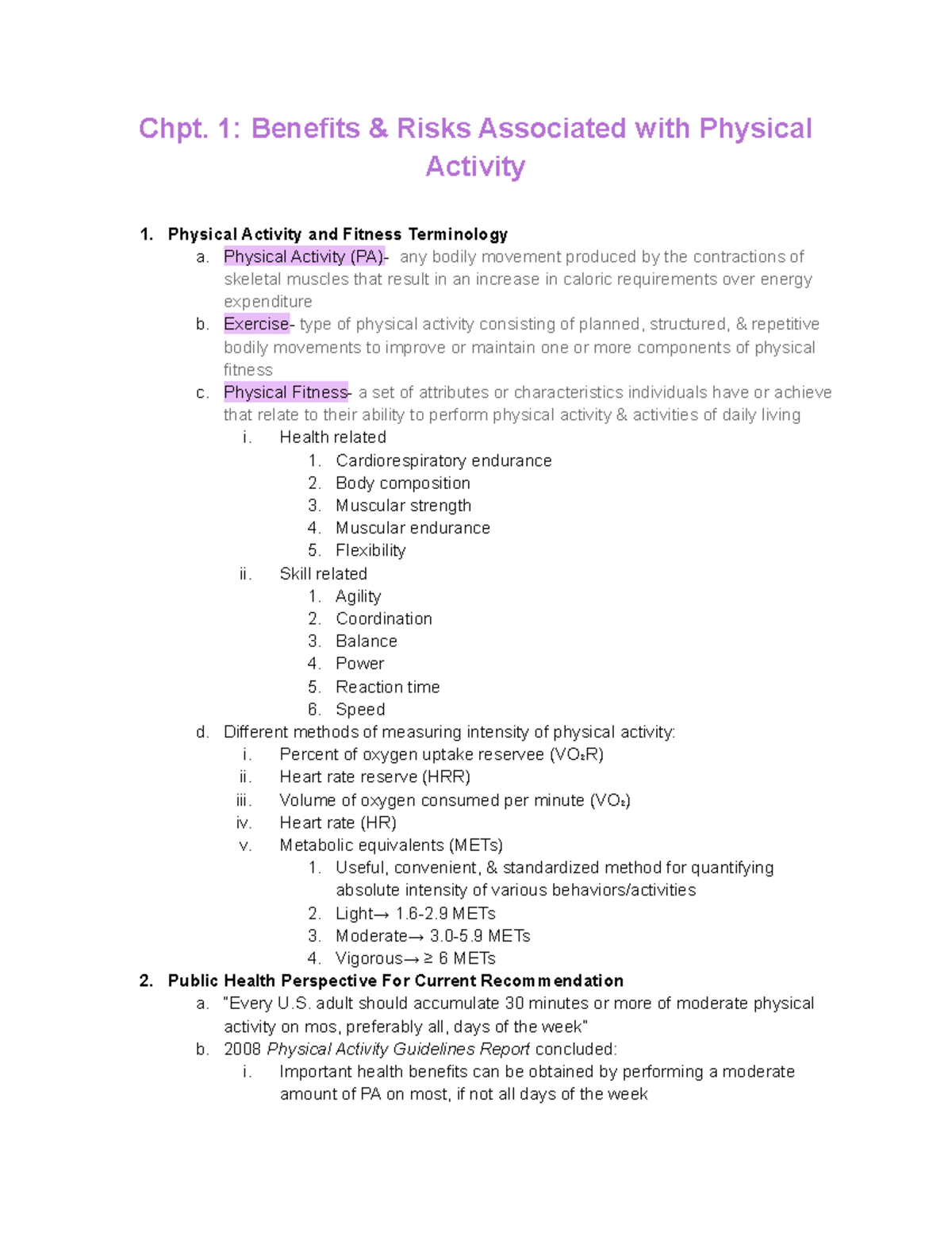 Chapter 1 notes2 Chpt. 1 Benefits & Risks Associated with Physical