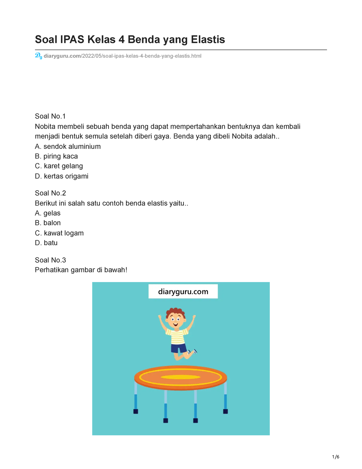 Diaryguru.com-Soal IPAS Kelas 4 Benda Yang Elastis - Soal IPAS Kelas 4 ...