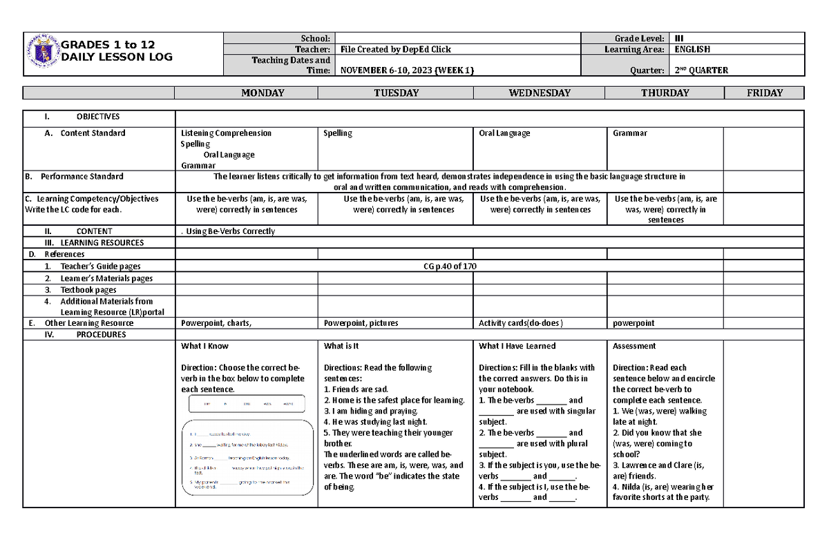 DLL English 3 Q2 W1 - This An Example Of Dll - GRADES 1 To 12 DAILY ...