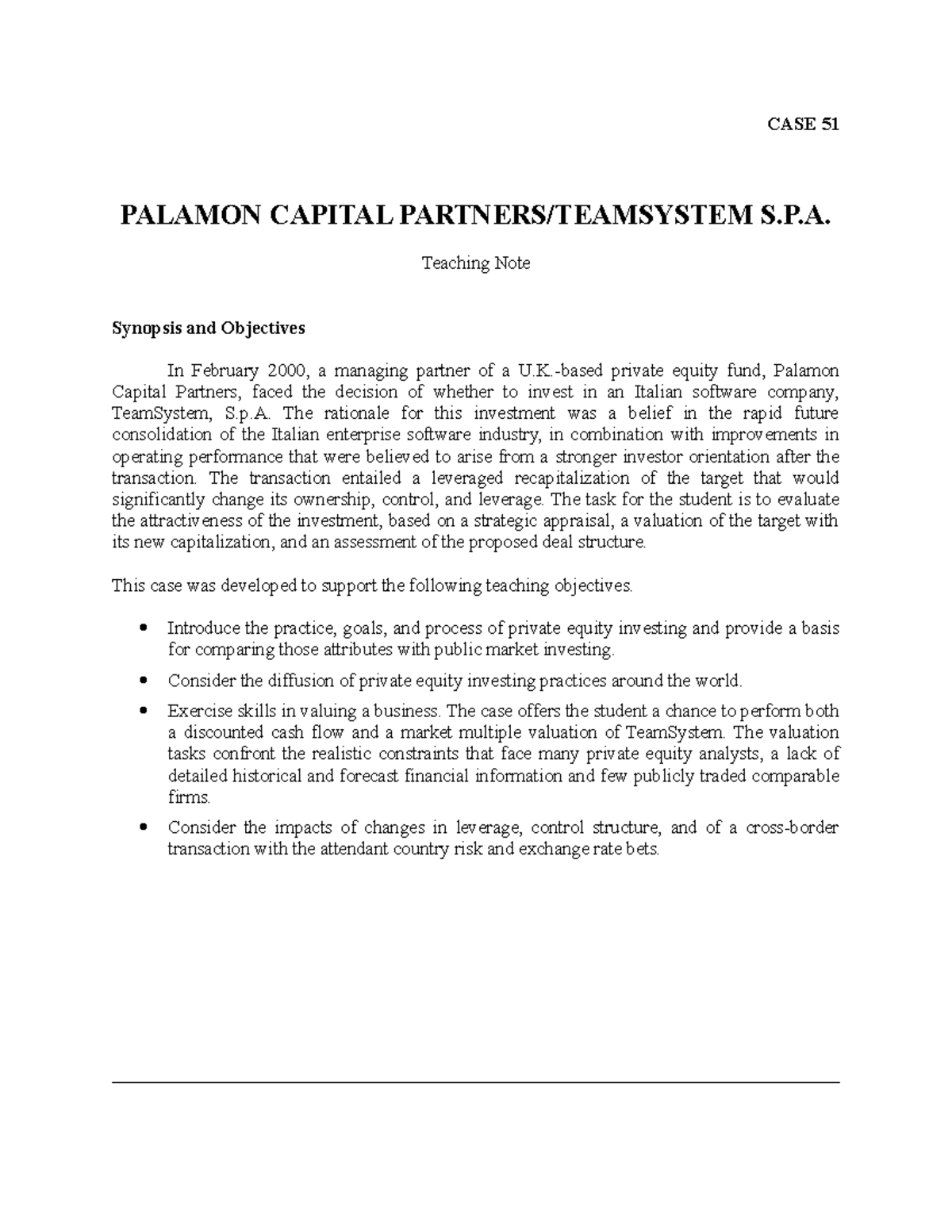 Palamon test CASE 51 PALAMON CAPITAL PARTNERS/TEAMSYSTEM S.P