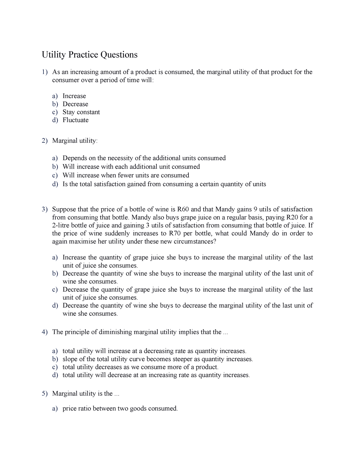 Utility Practice Questions (Multiple Chioce and Discussion)(ECO111 ...