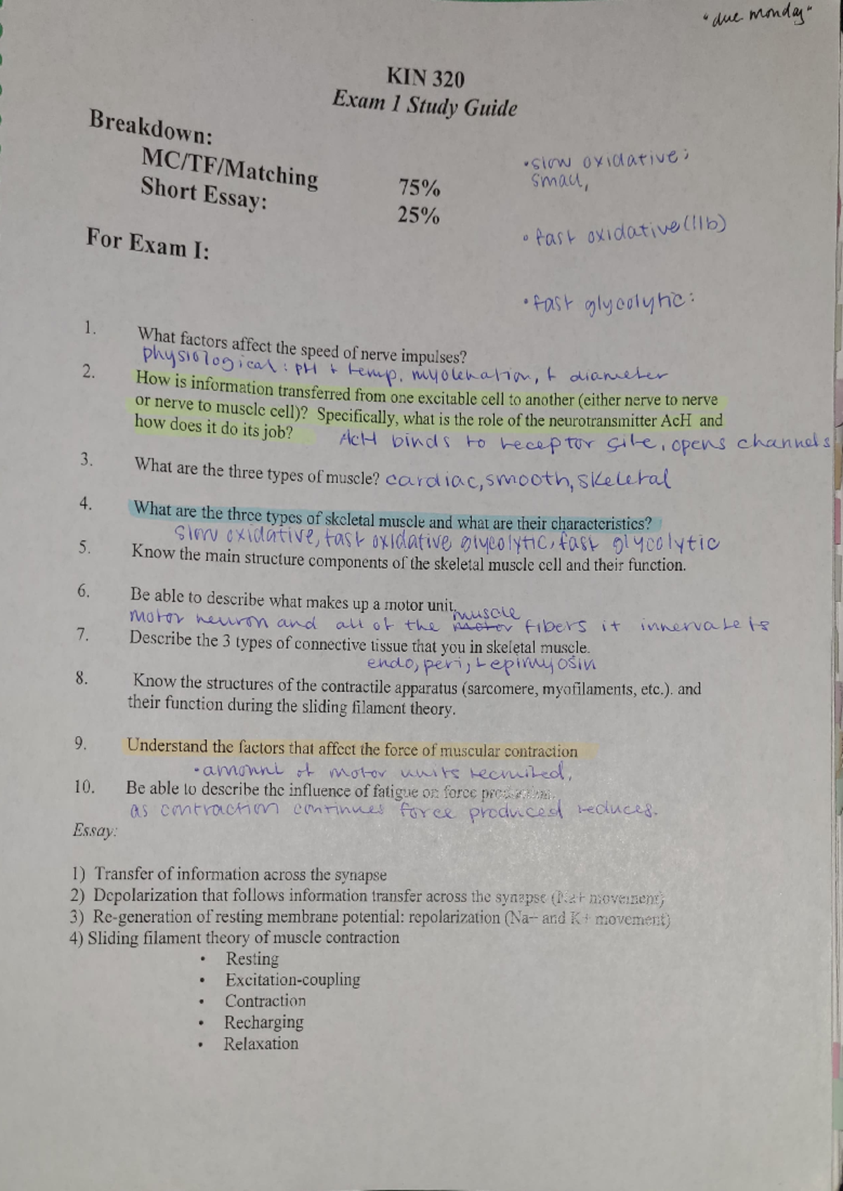 Exam 1 study guide - KIN 320 Exam 1 Study Guide Breakdown: Slow ...