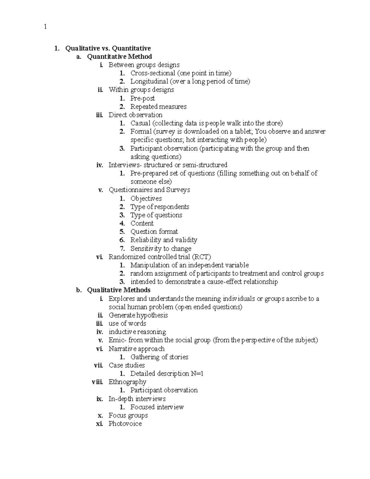 Exam 1 Review Guide - 1. Qualitative Vs. Quantitative A. Quantitative 