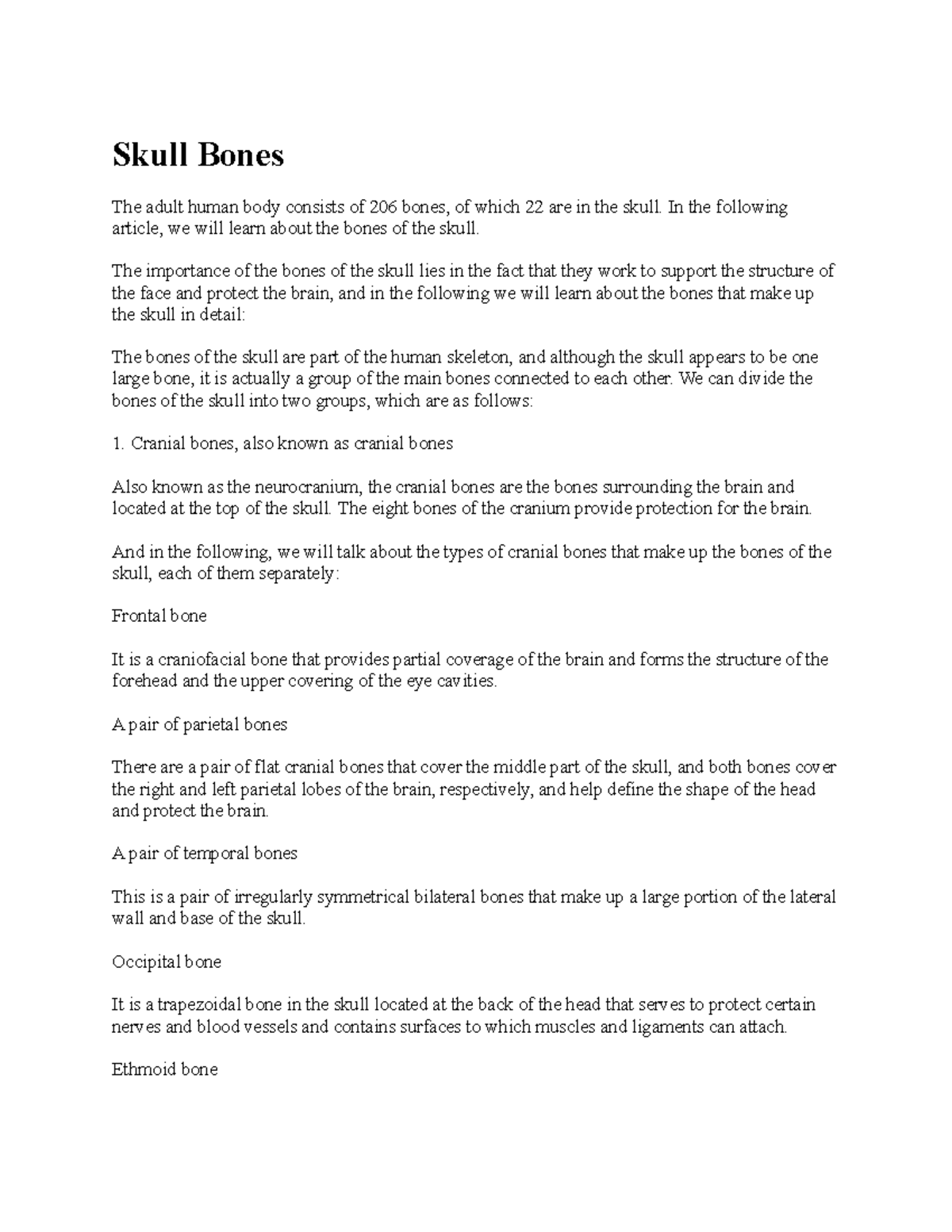 Skull Bones Assignment - Skull Bones The adult human body consists of ...