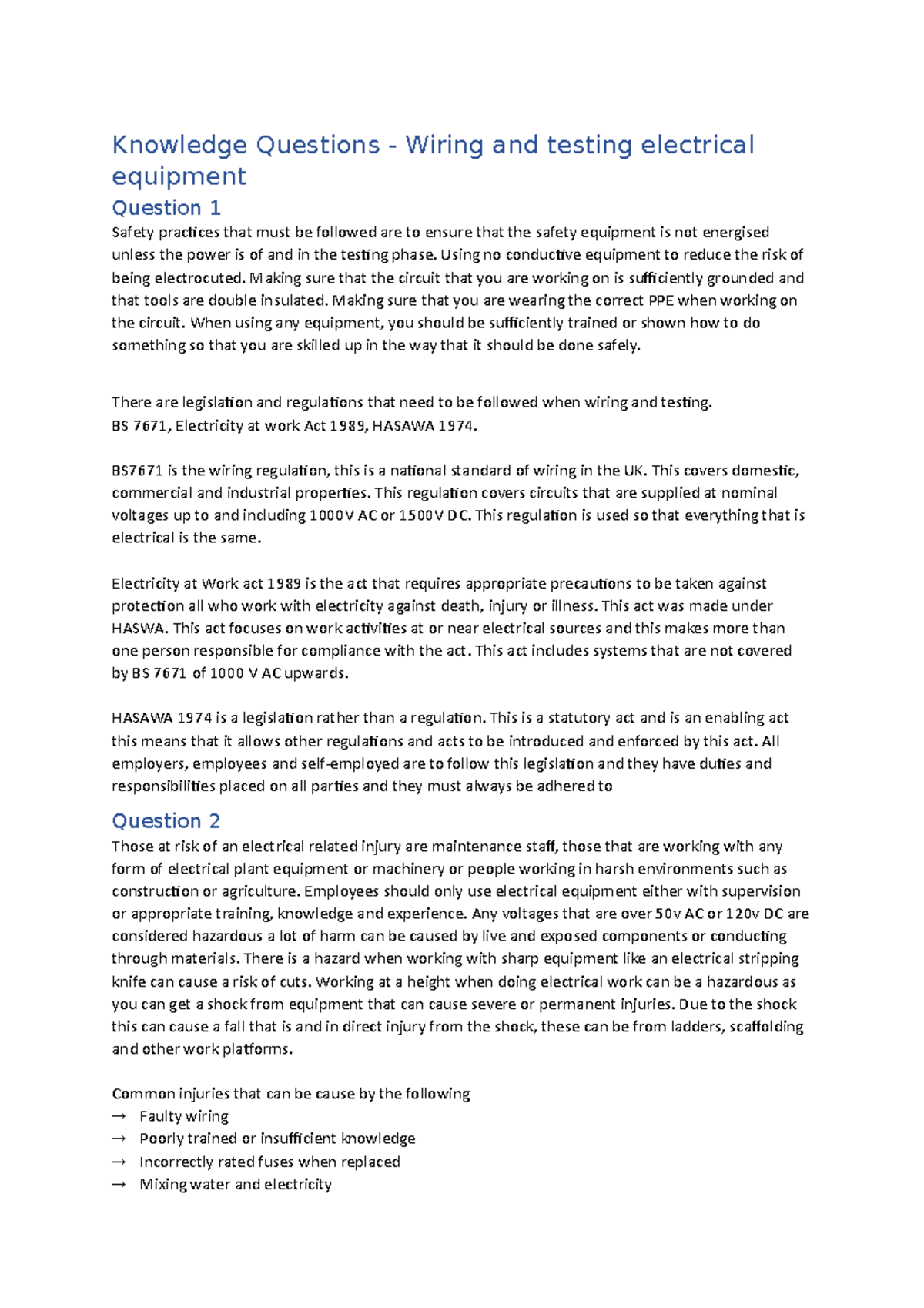 Knowledge Questions unit 10 Knowledge Questions Wiring and testing