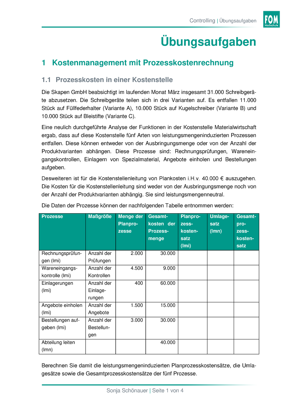 Übung Prozesskostenrechnung - Übungsaufgaben 1 Kostenmanagement Mit ...