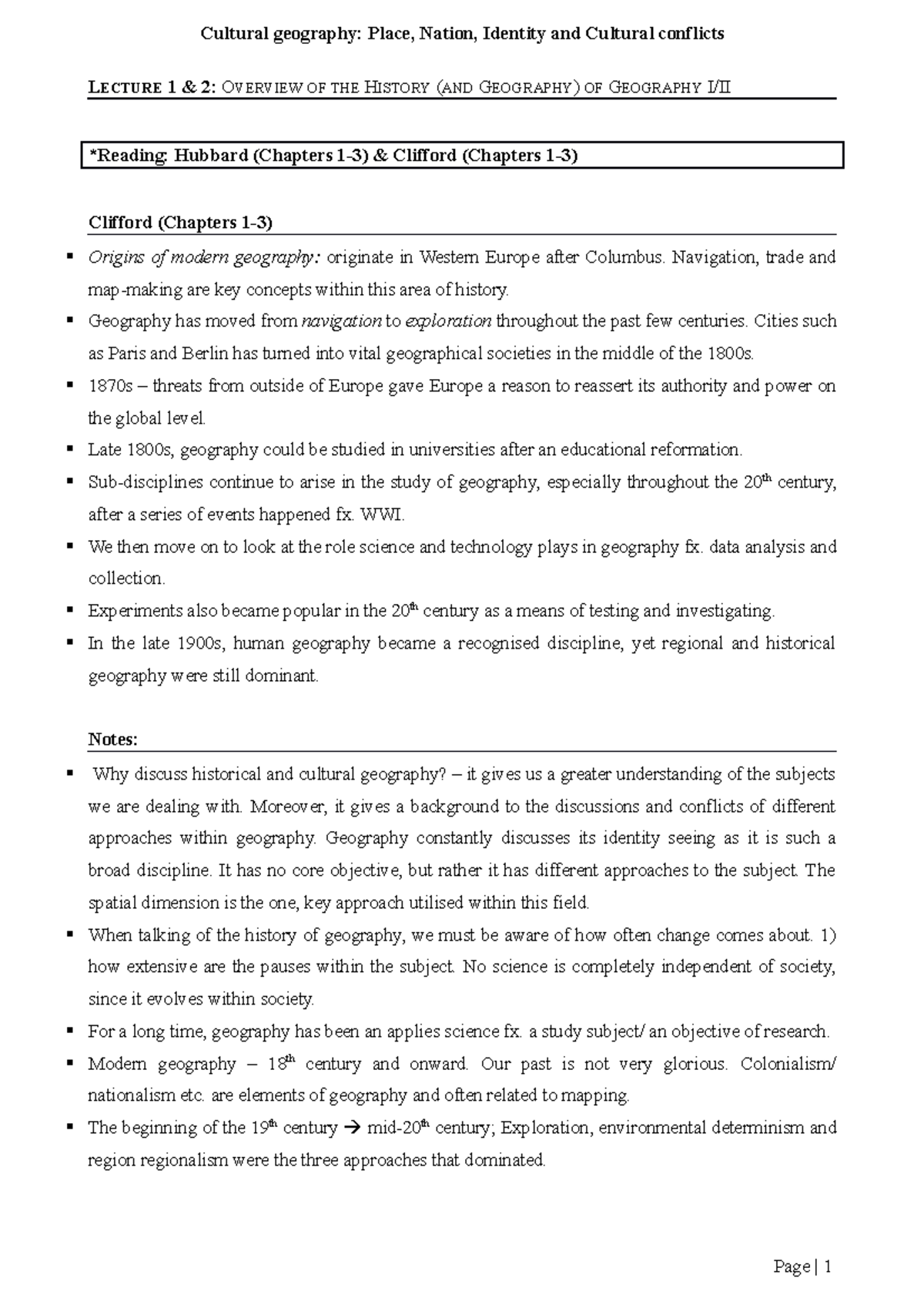 Cultural Geography Notes Cultural geography Place, Nation, Identity
