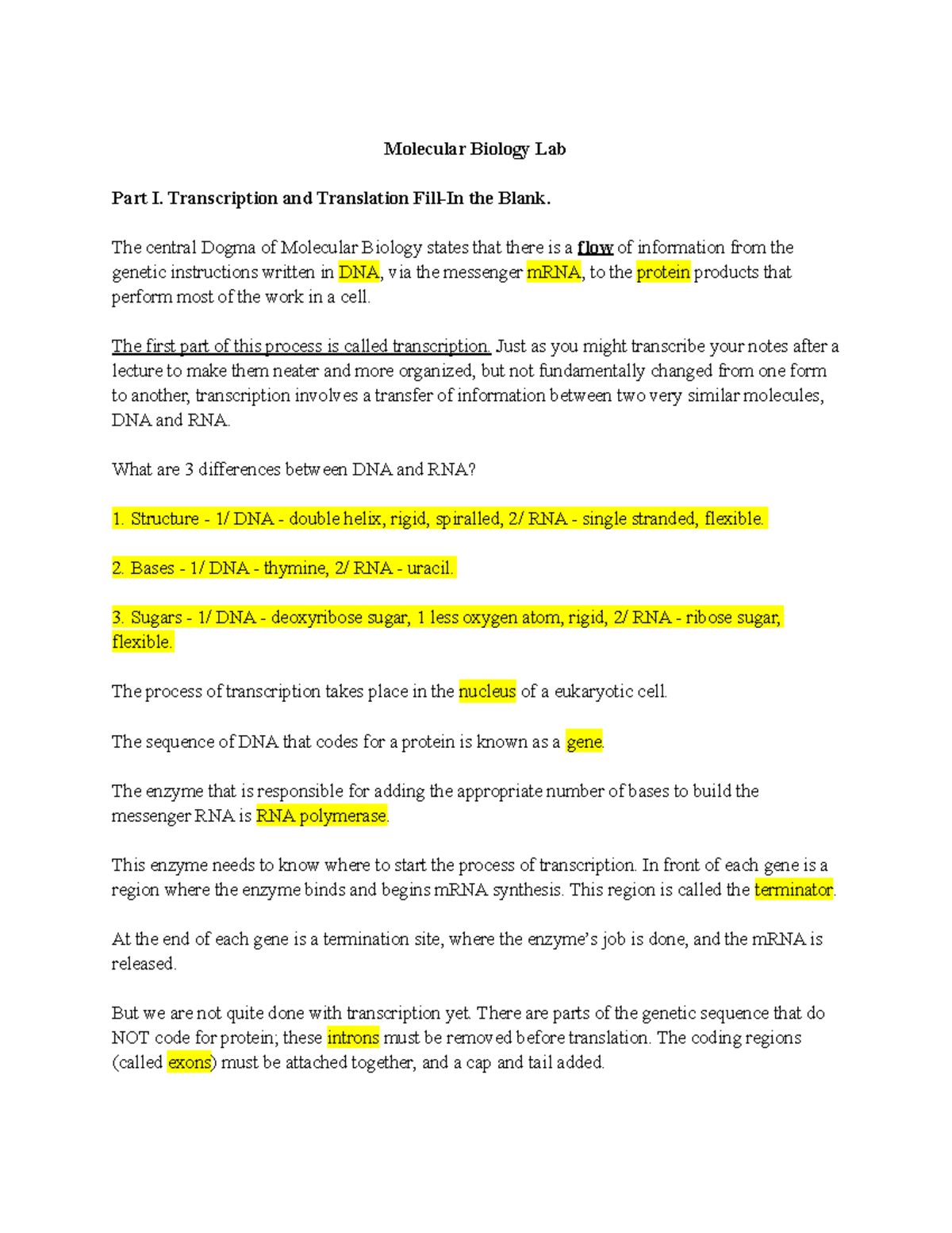 Molecular Biology Lab Molecular Biology Lab Part I. Transcription and
