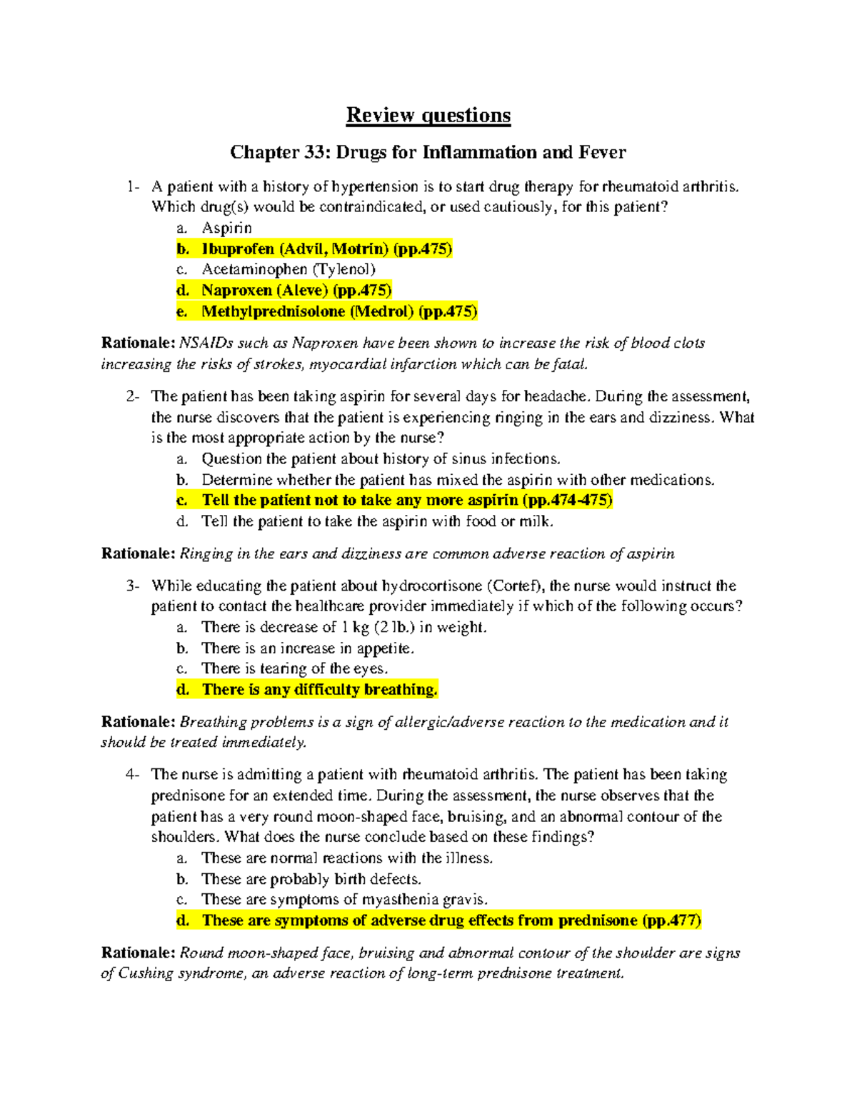 Review Questions Ch. 33: Drugs For Inflammation And Fever - Which Drug ...