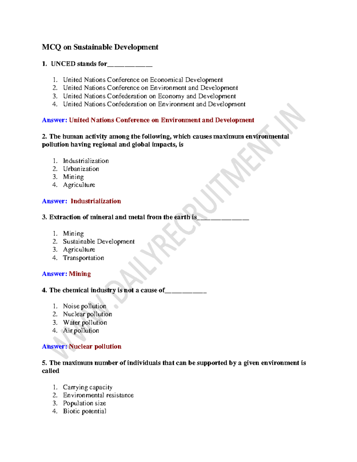 MCQ on Sustainable Development MCQ on Sustainable Development UNCED